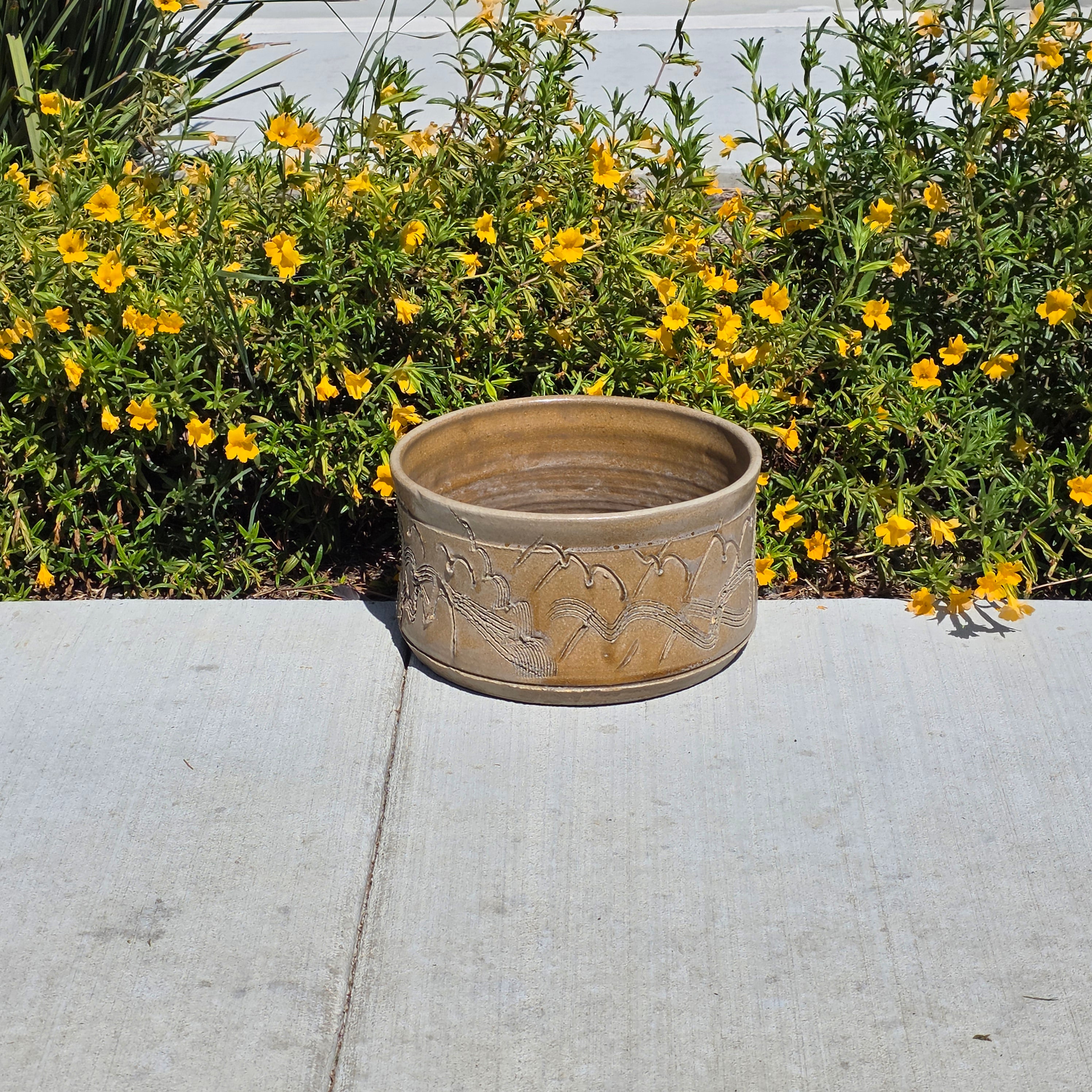 Vintage Studio Pottery Planter Brutalist Etched Olive Tan Stoneware Bowl 13"