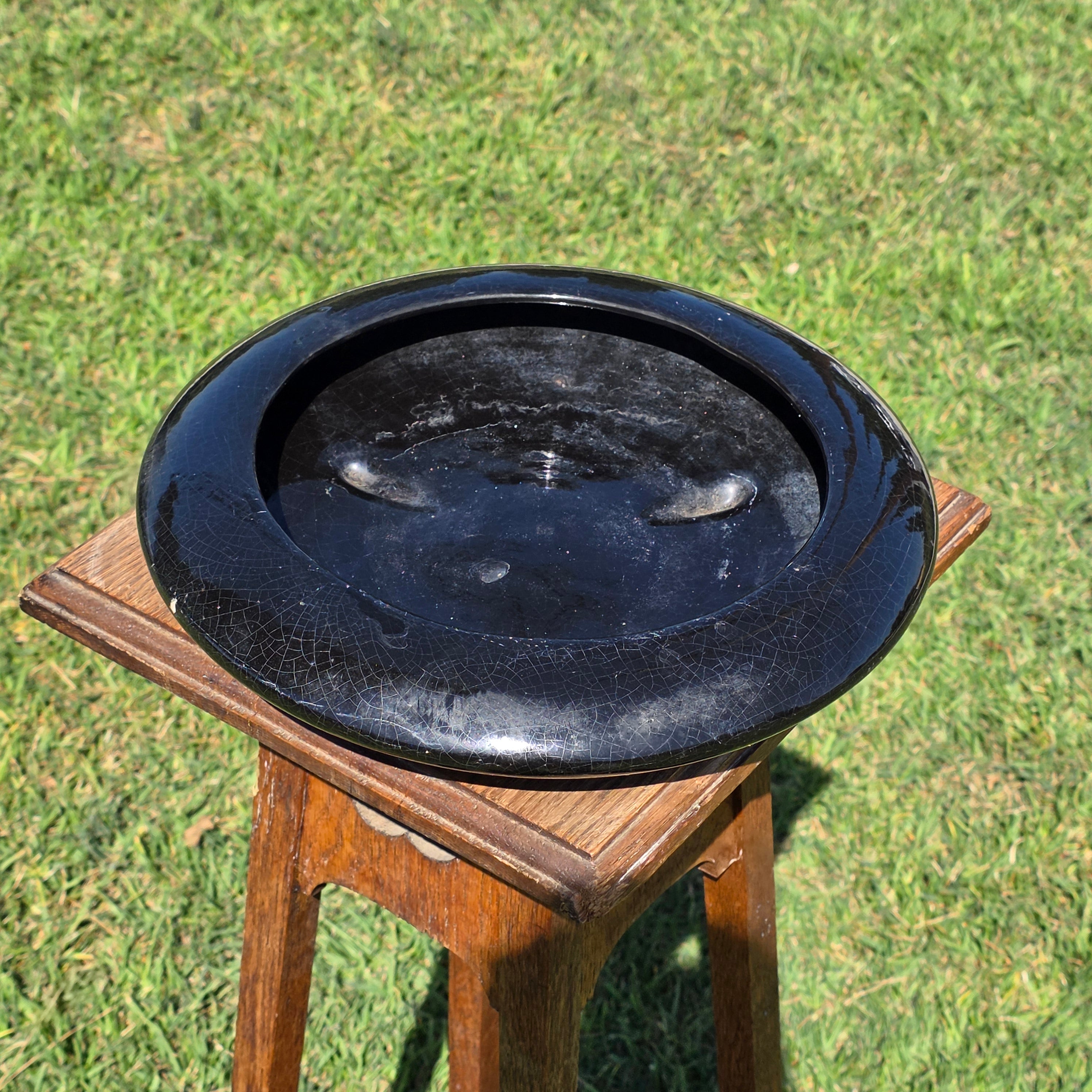 Vintage Mid Century Modern Black Glazed Ikebana Vase Planter Pottery Crazing 12"