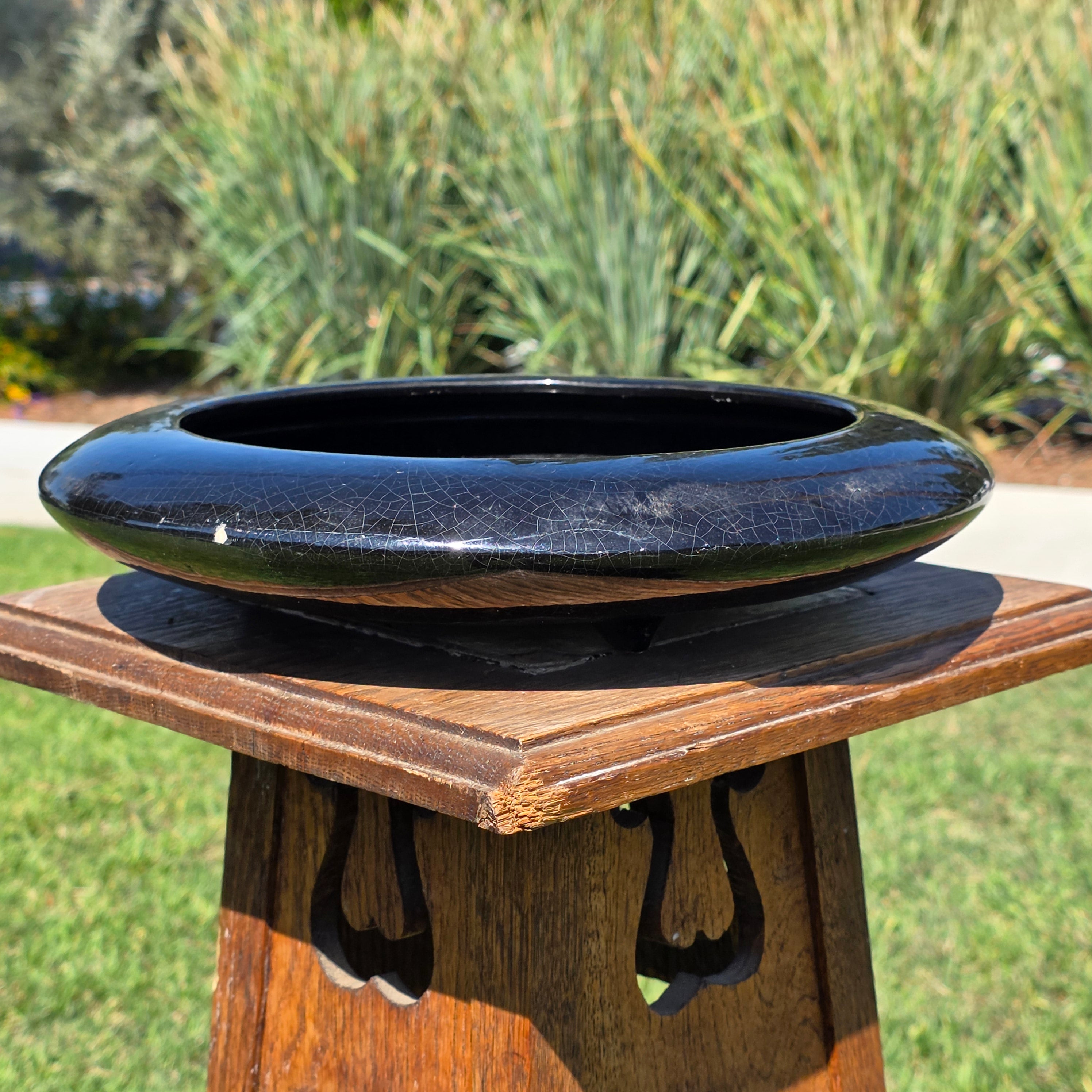 Vintage Mid Century Modern Black Glazed Ikebana Vase Planter Pottery Crazing 12"