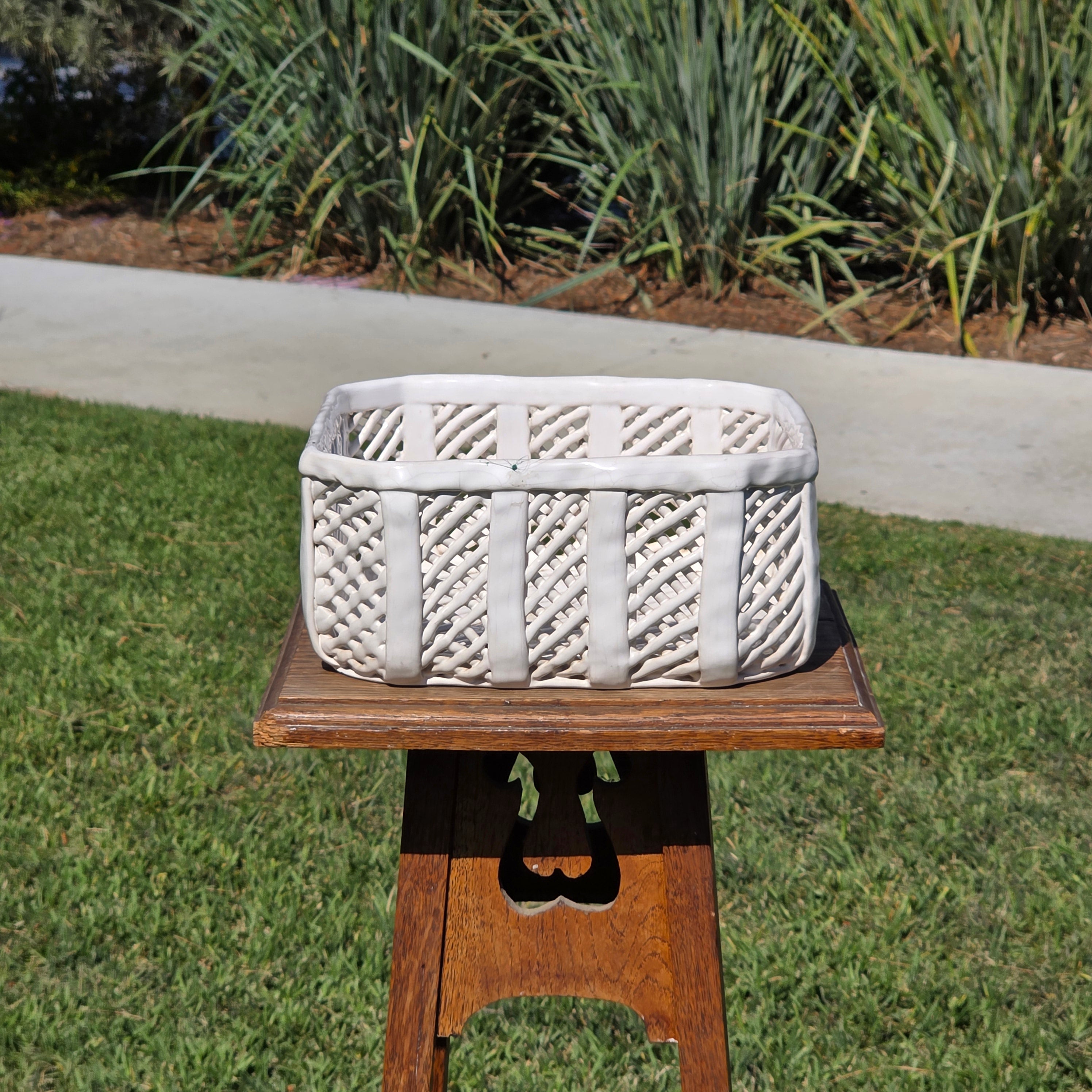 Vintage Portugal White Ceramic Woven Basket Planter Signed Lattice Savoir Style