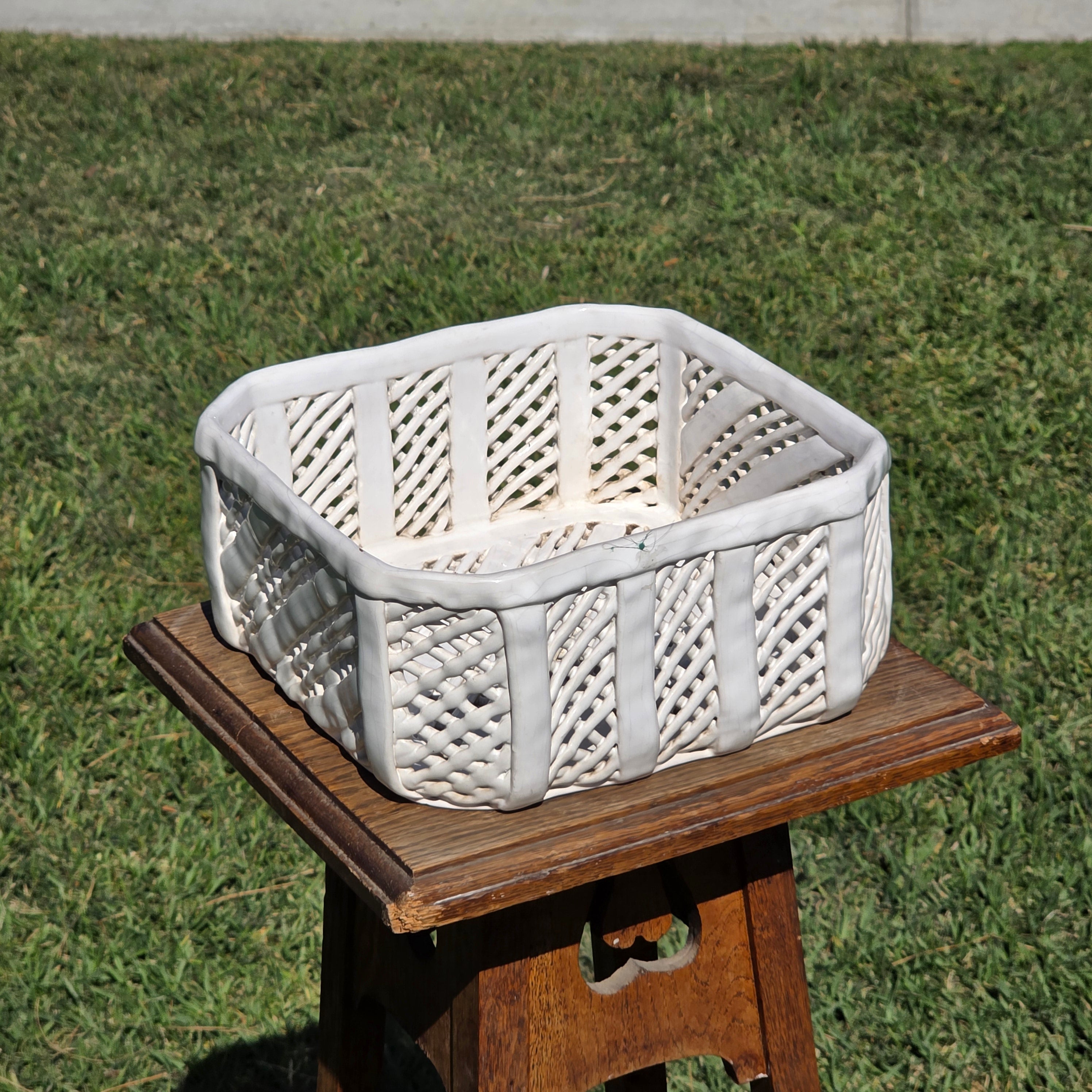 Vintage Portugal White Ceramic Woven Basket Planter Signed Lattice Savoir Style
