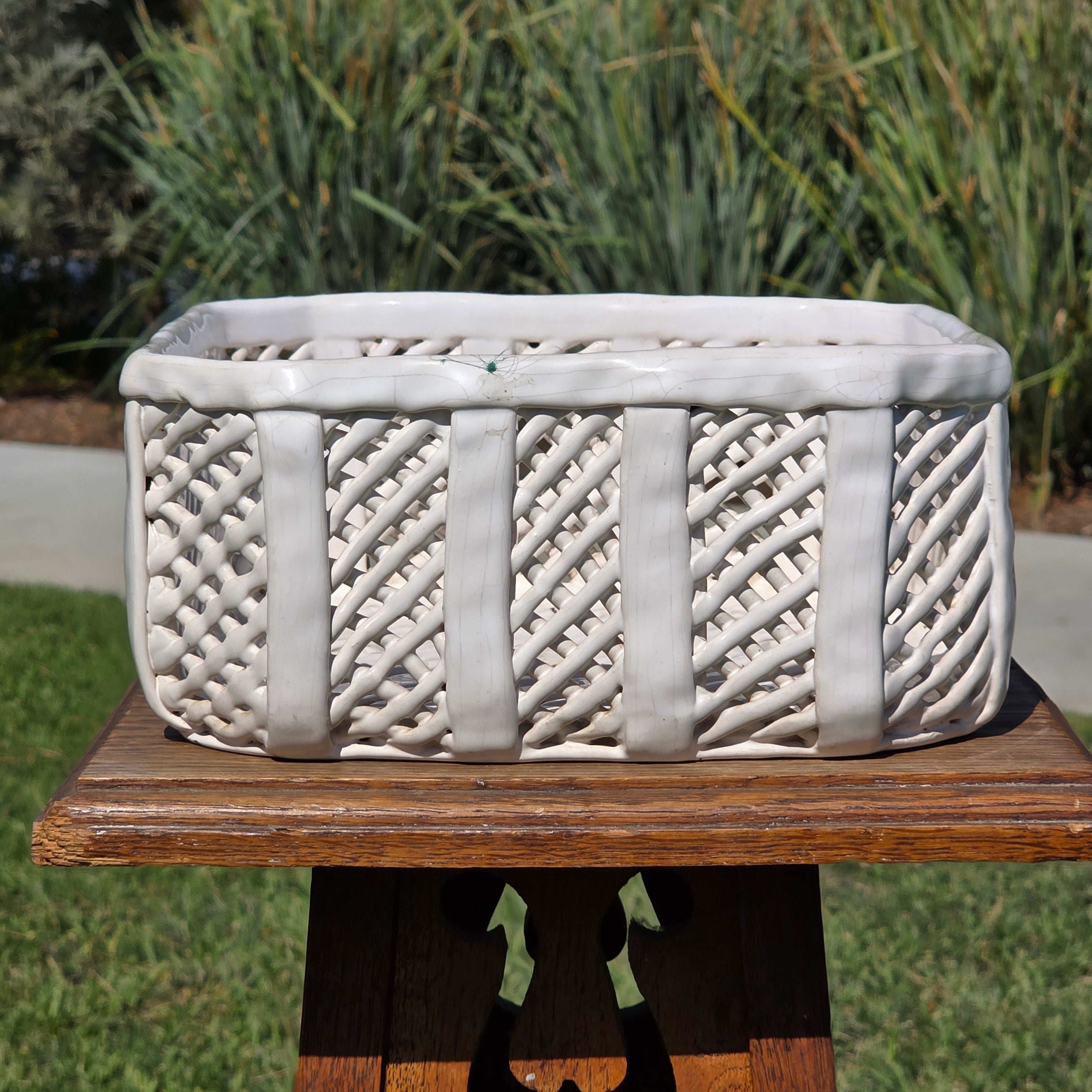Vintage Portugal White Ceramic Woven Basket Planter Signed Lattice Savoir Style