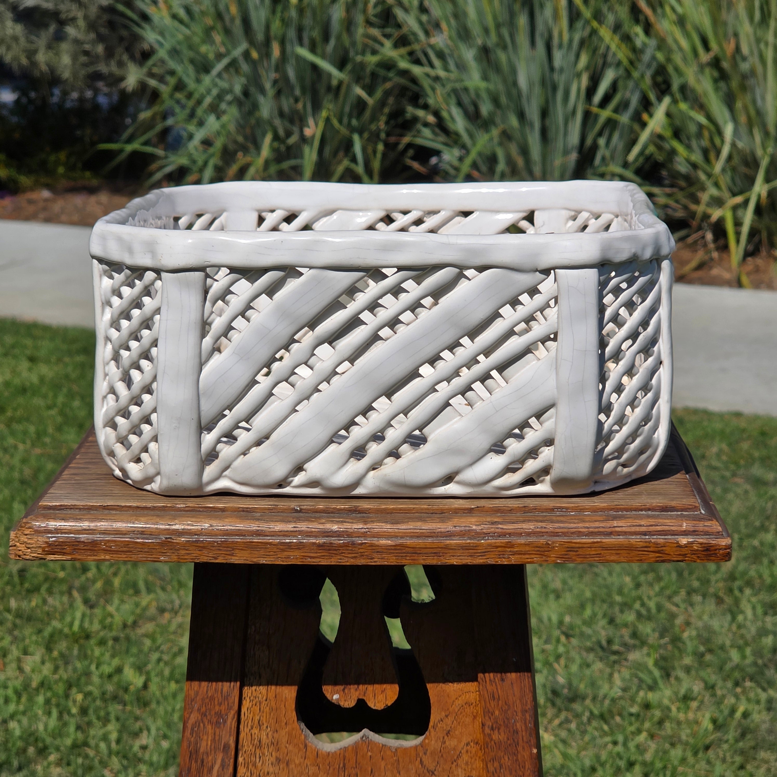 Vintage Portugal White Ceramic Woven Basket Planter Signed Lattice Savoir Style