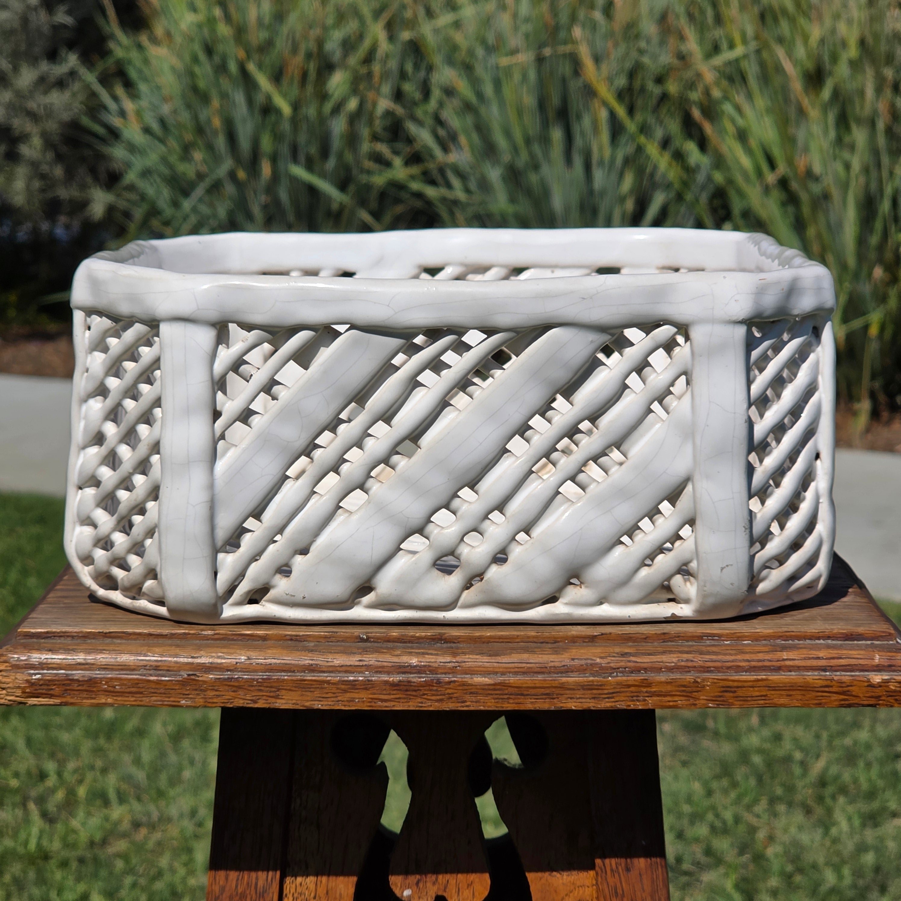 Vintage Portugal White Ceramic Woven Basket Planter Signed Lattice Savoir Style