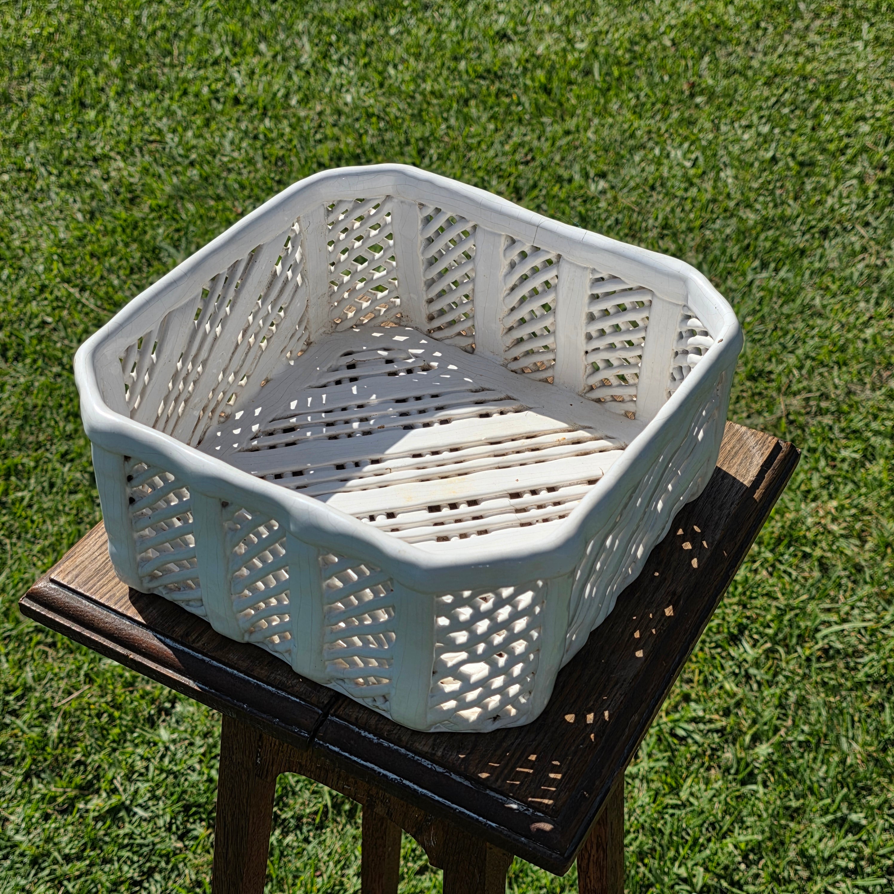 Vintage Portugal White Ceramic Woven Basket Planter Signed Lattice Savoir Style