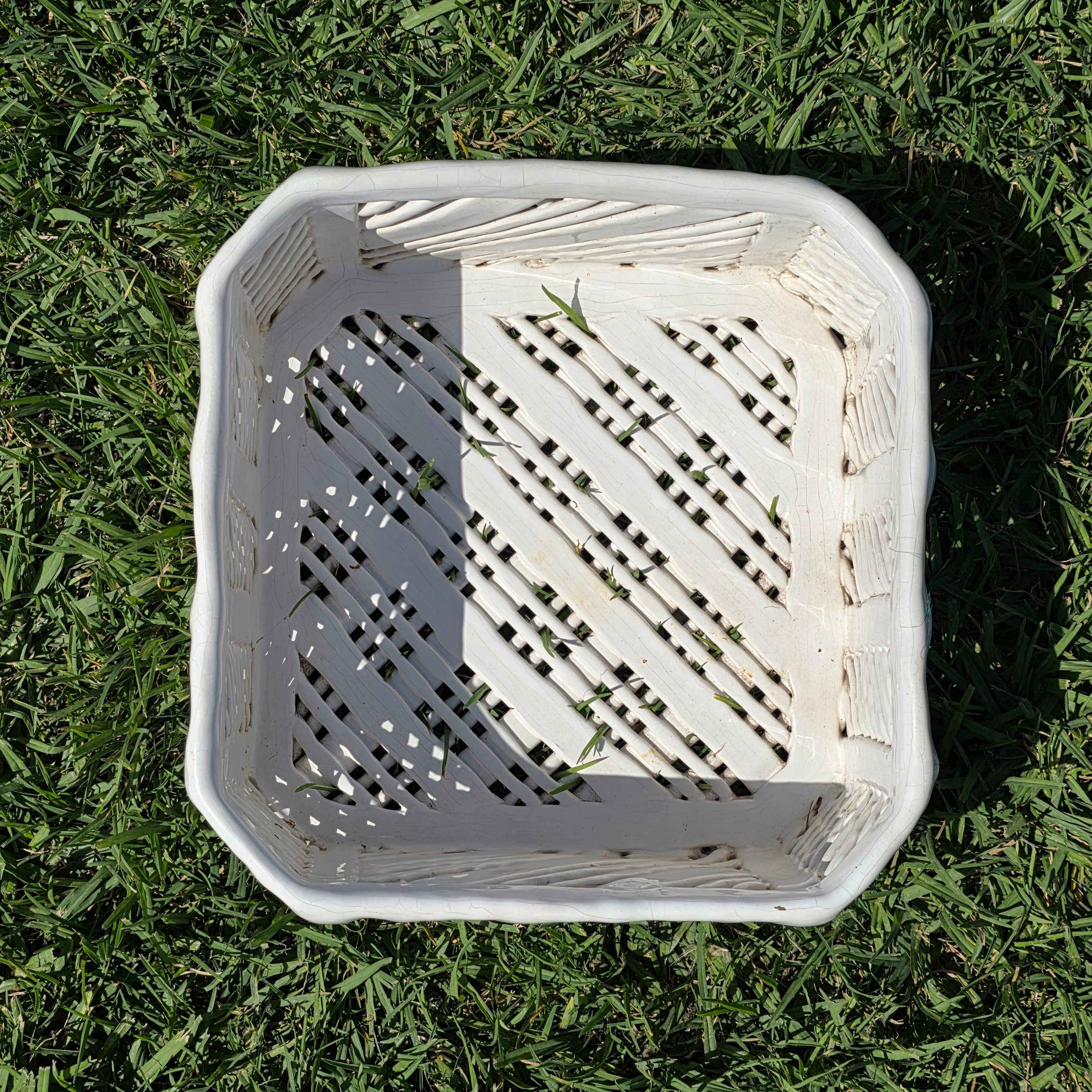 Vintage Portugal White Ceramic Woven Basket Planter Signed Lattice Savoir Style