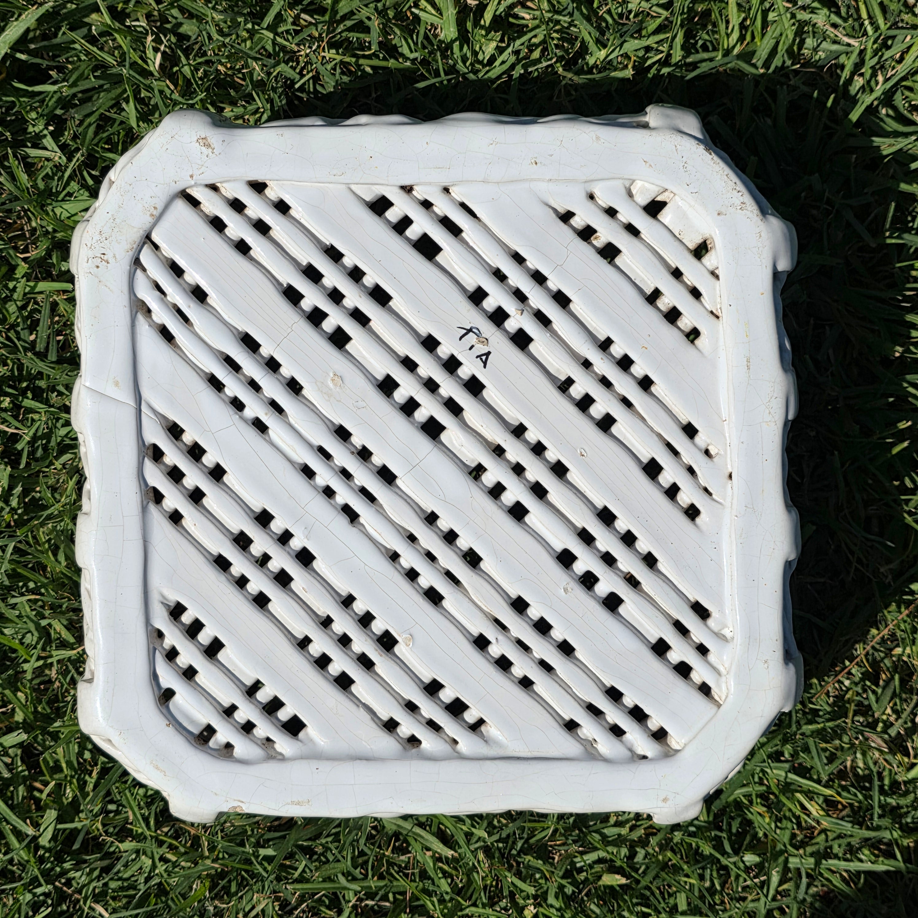 Vintage Portugal White Ceramic Woven Basket Planter Signed Lattice Savoir Style