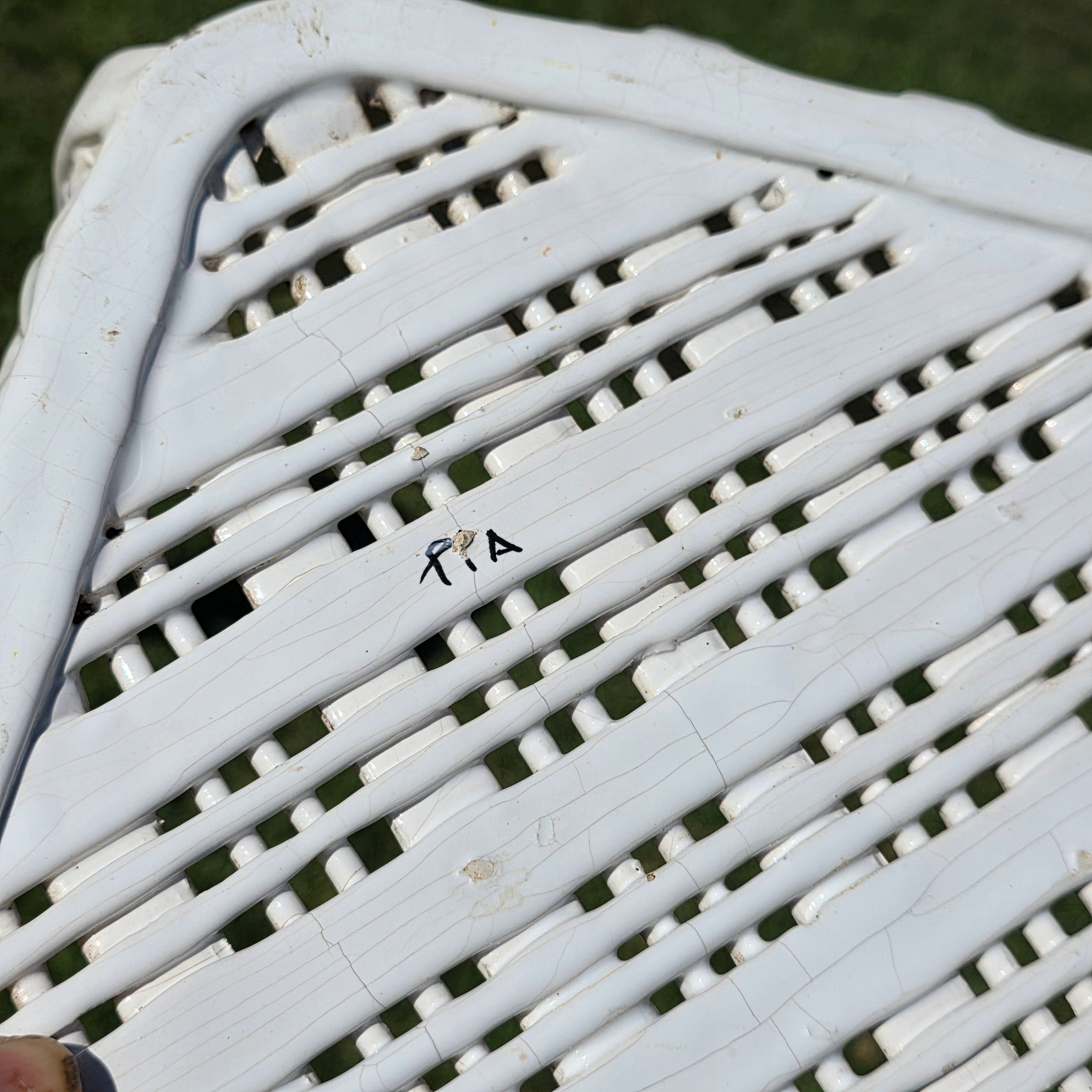 Vintage Portugal White Ceramic Woven Basket Planter Signed Lattice Savoir Style