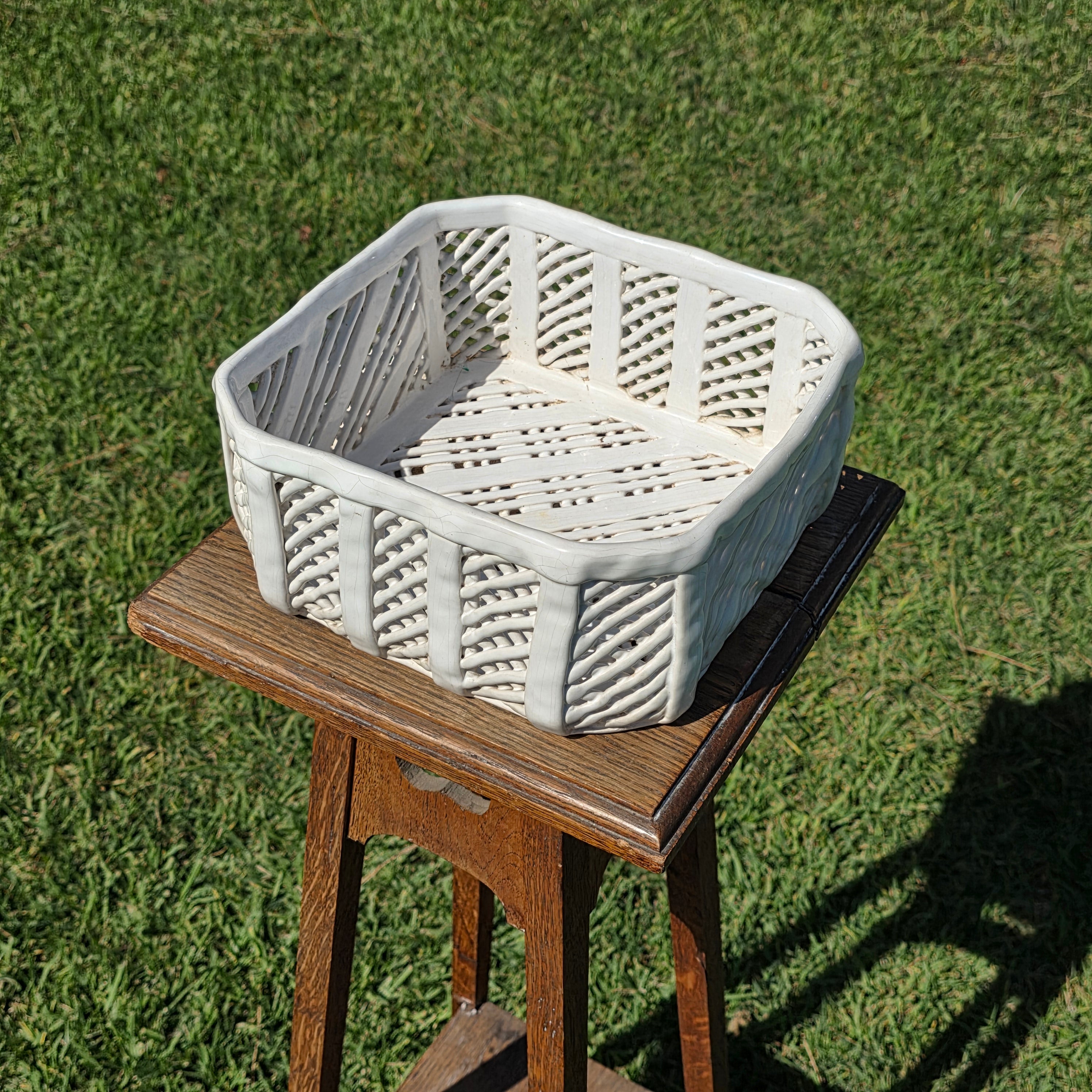 Vintage Portugal White Ceramic Woven Basket Planter Signed Lattice Savoir Style