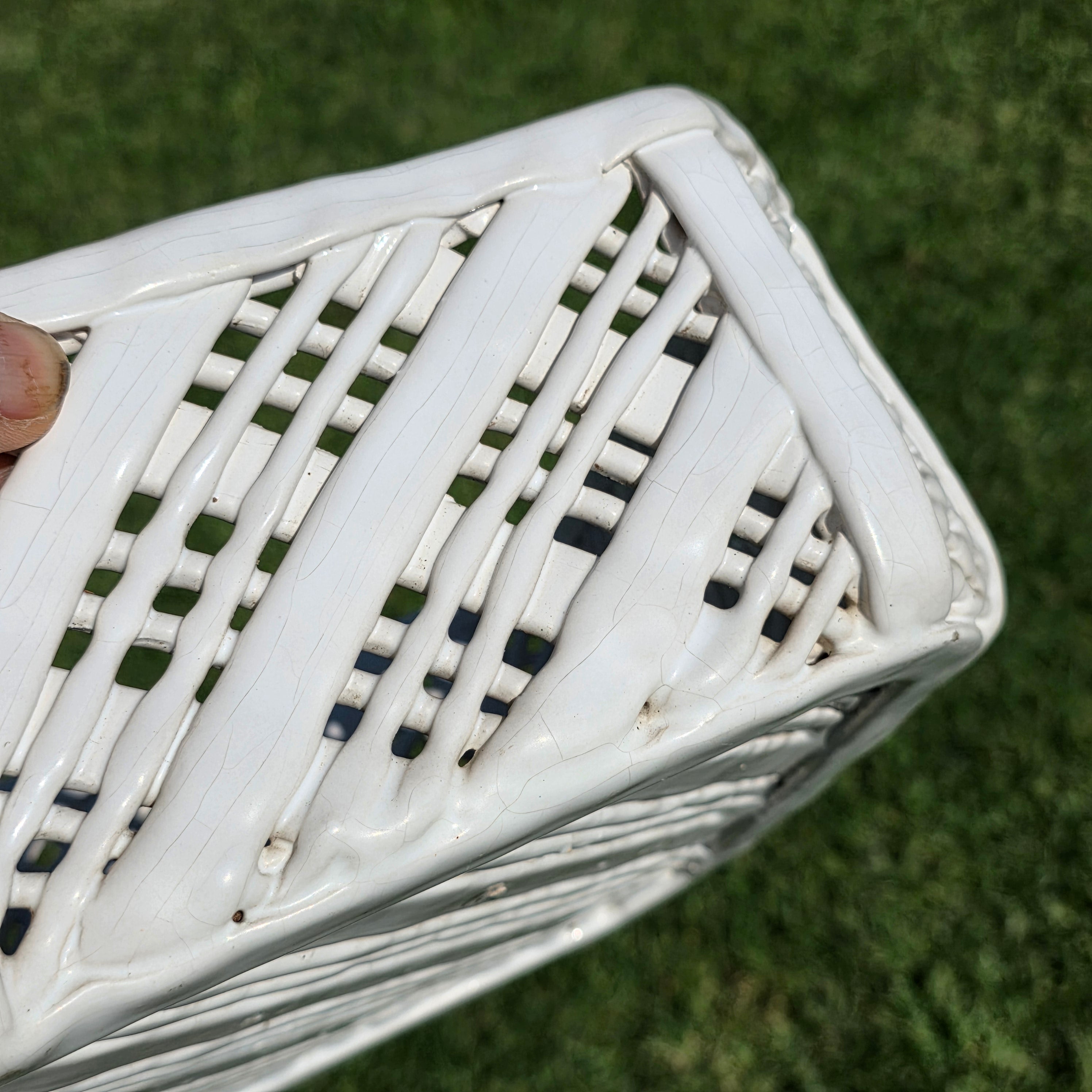Vintage Portugal White Ceramic Woven Basket Planter Signed Lattice Savoir Style