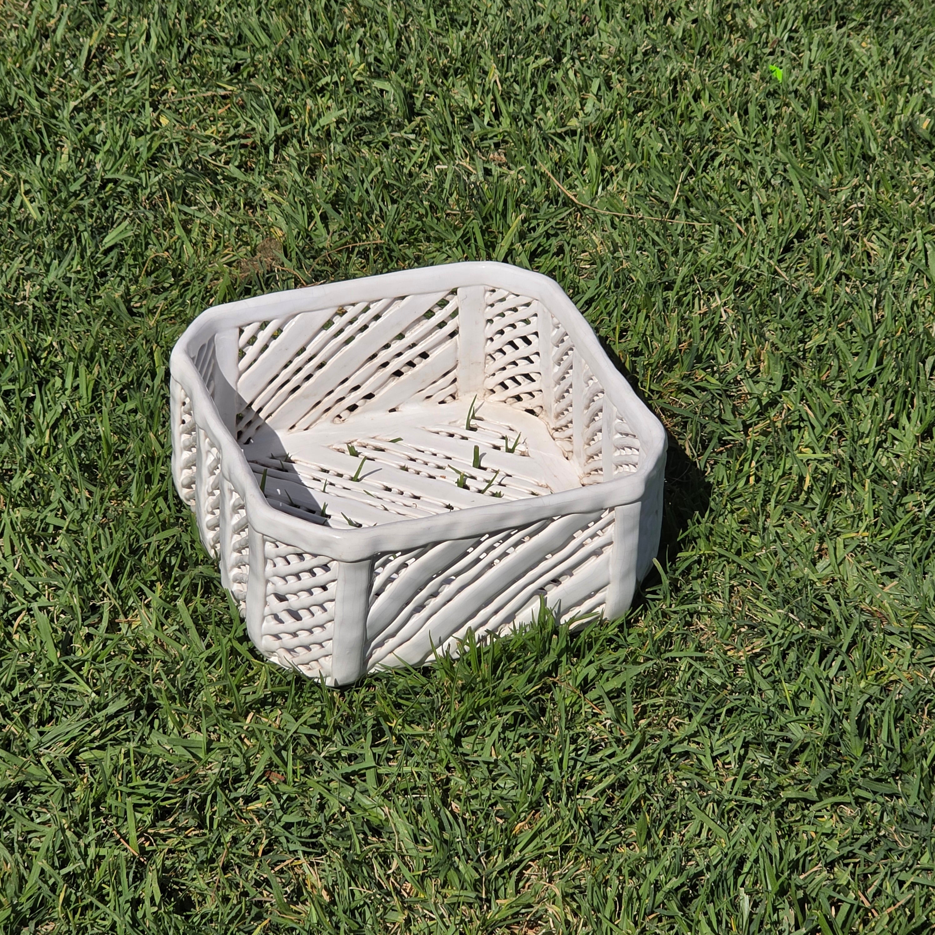 Vintage Portugal White Ceramic Woven Basket Planter Signed Lattice Savoir Style