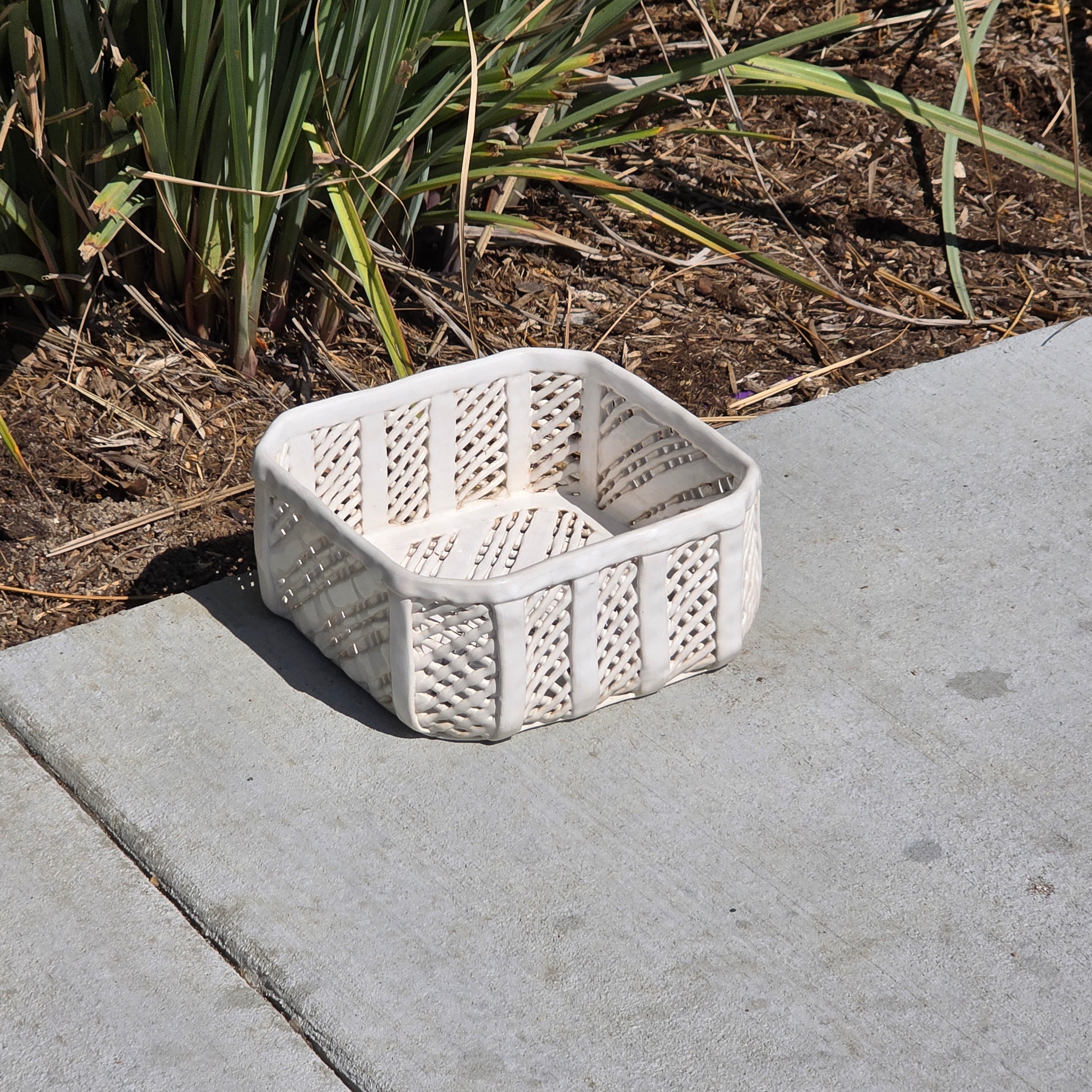 Vintage Portugal White Ceramic Woven Basket Planter Signed Lattice Savoir Style