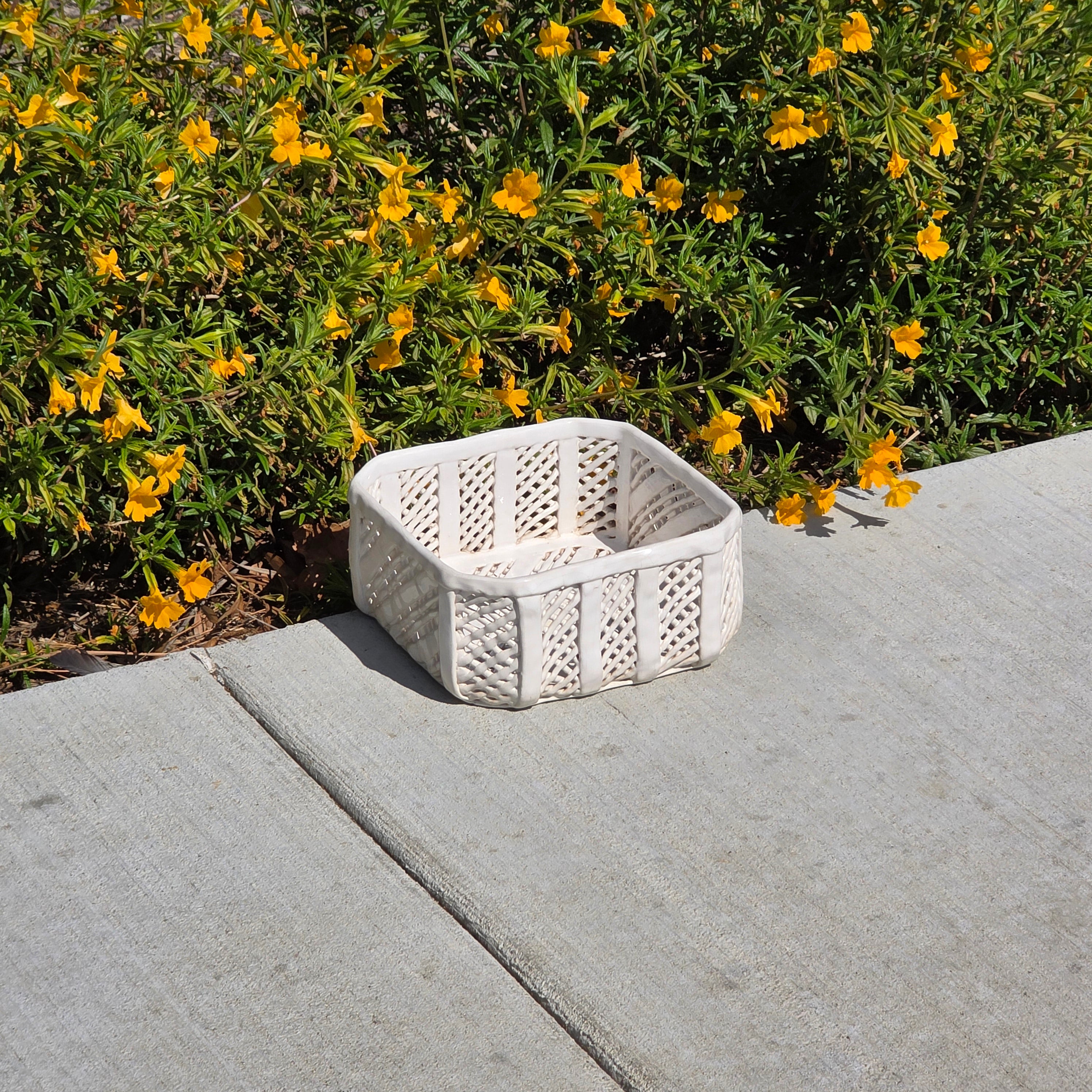 Vintage Portugal White Ceramic Woven Basket Planter Signed Lattice Savoir Style
