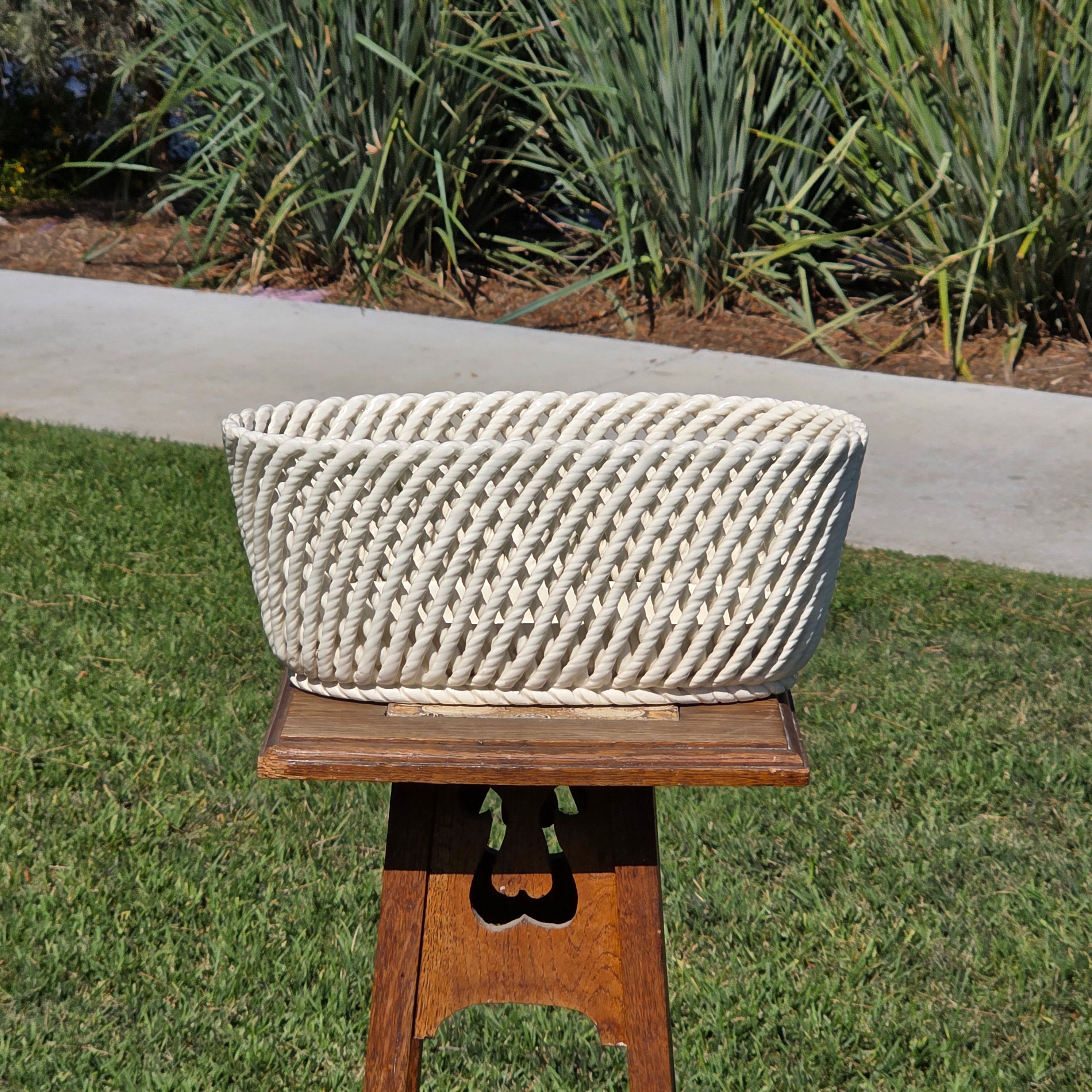 Vintage Spain White Ceramic Woven Basket Planter Large Rectangular Lattice 14"