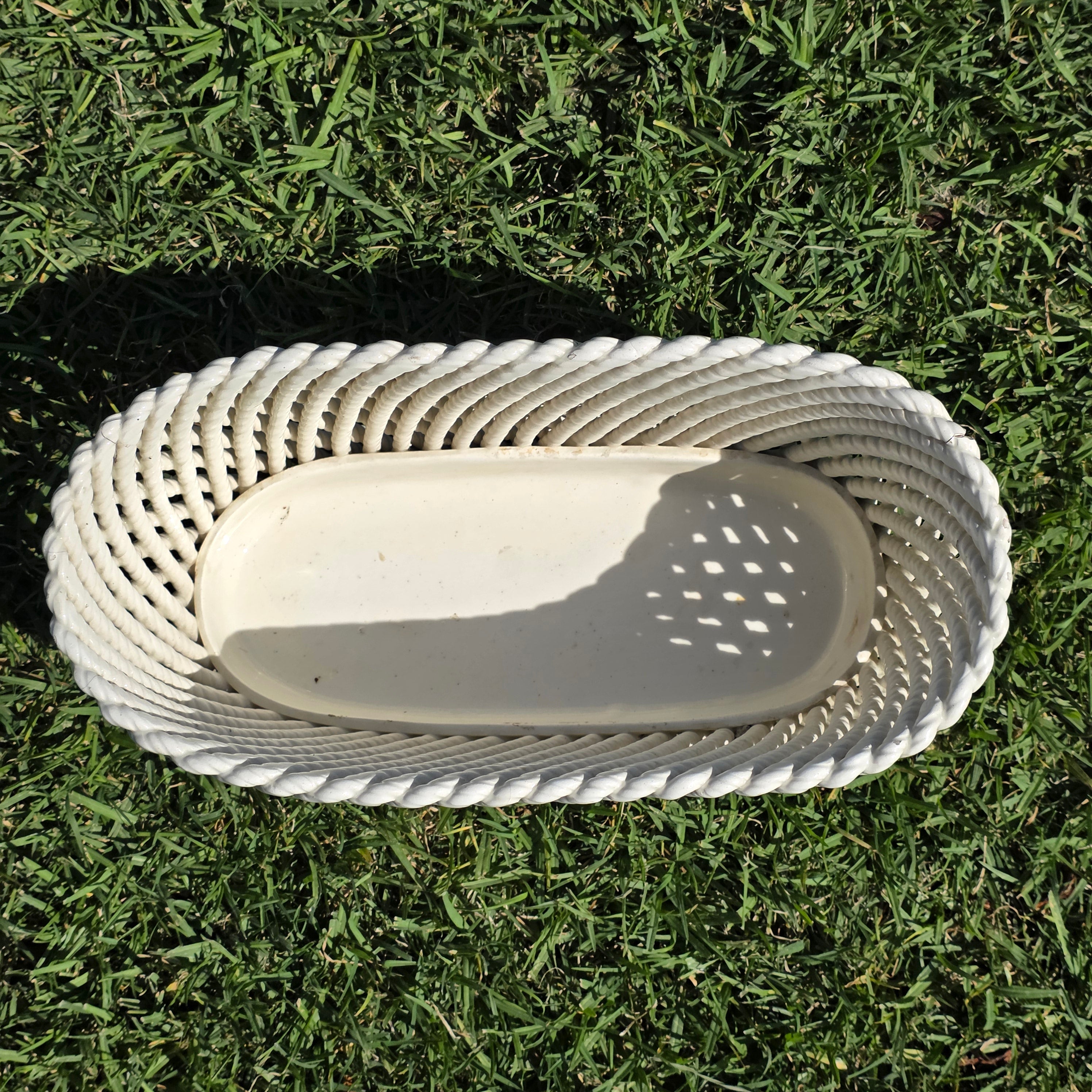 Vintage Spain White Ceramic Woven Basket Planter Large Rectangular Lattice 14"