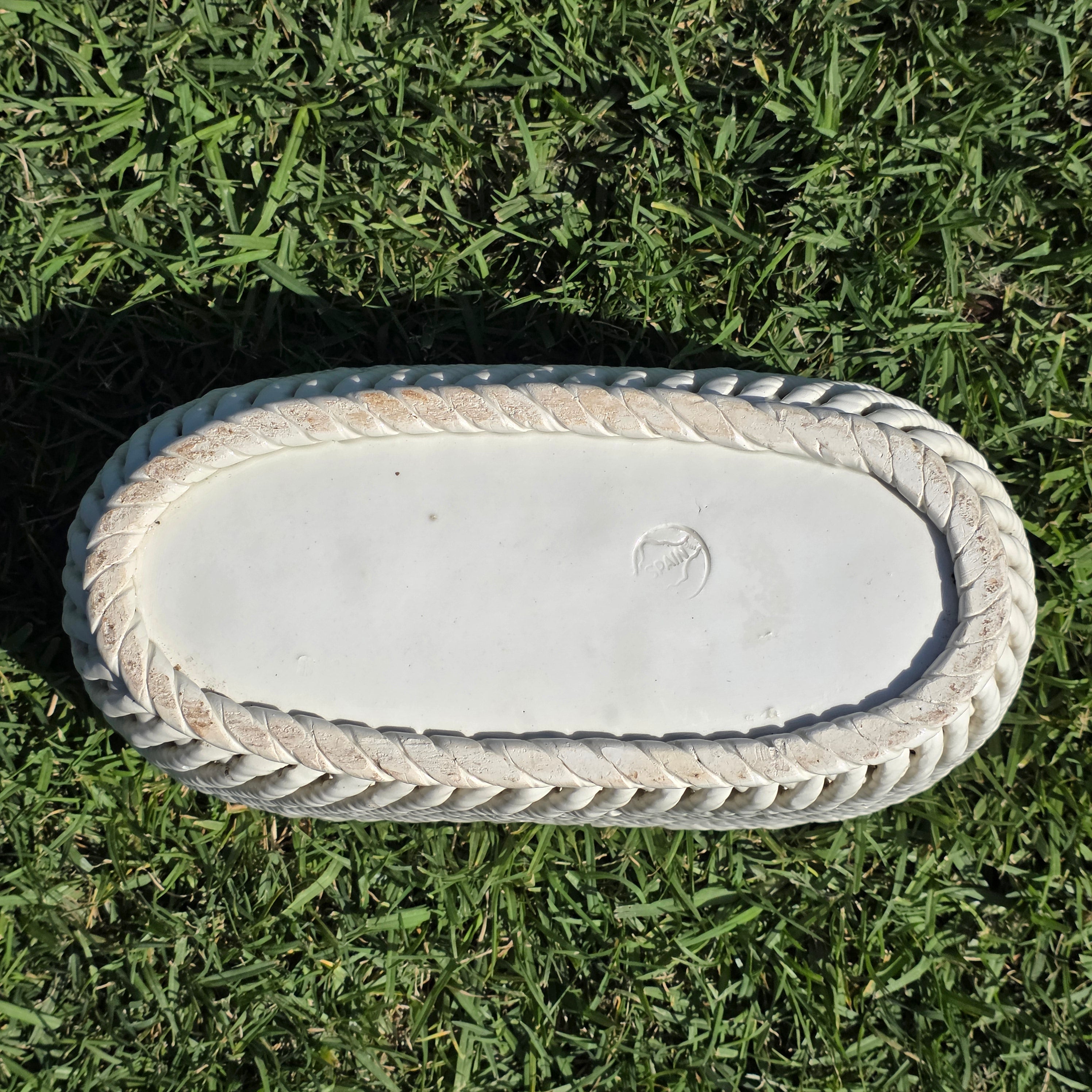 Vintage Spain White Ceramic Woven Basket Planter Large Rectangular Lattice 14"