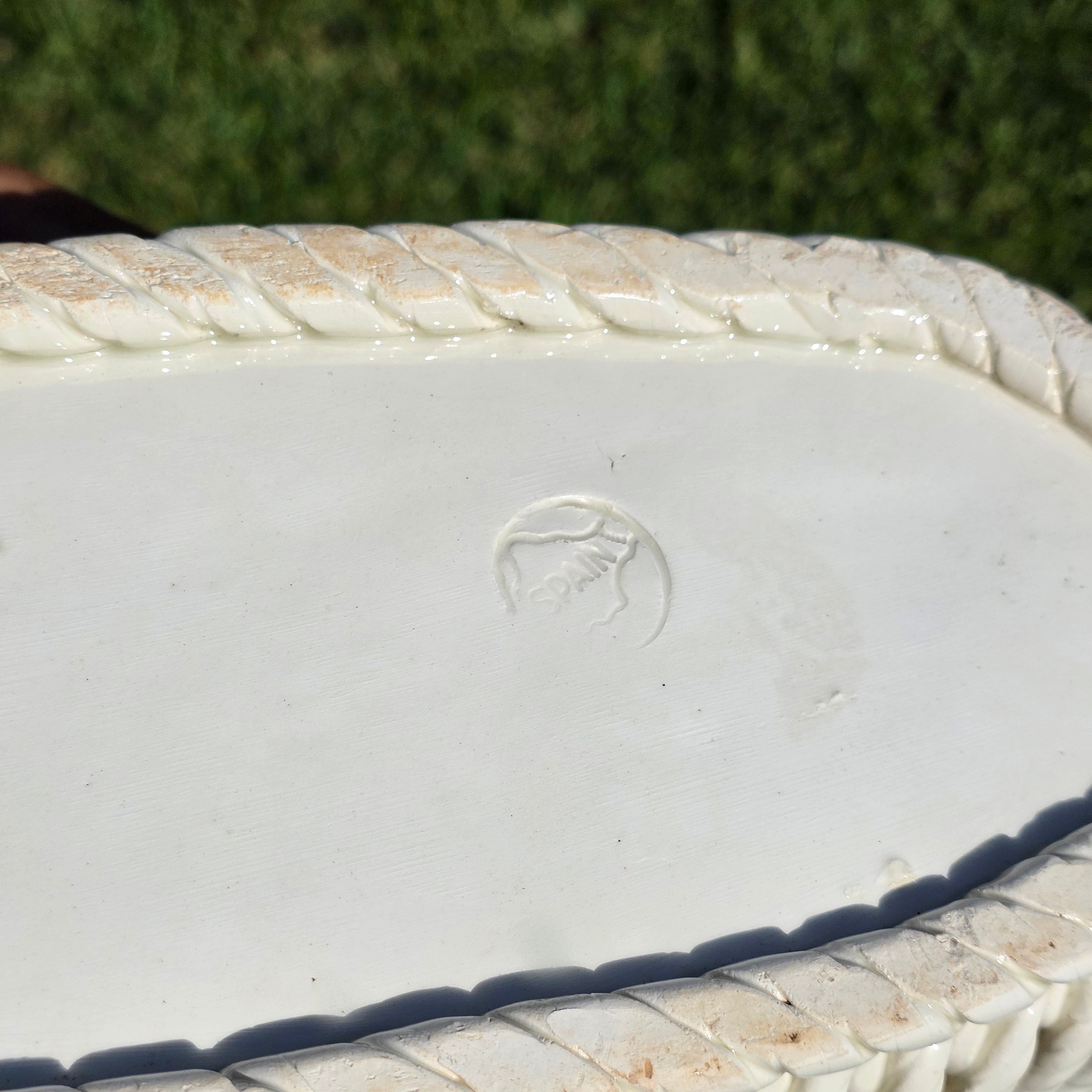 Vintage Spain White Ceramic Woven Basket Planter Large Rectangular Lattice 14"