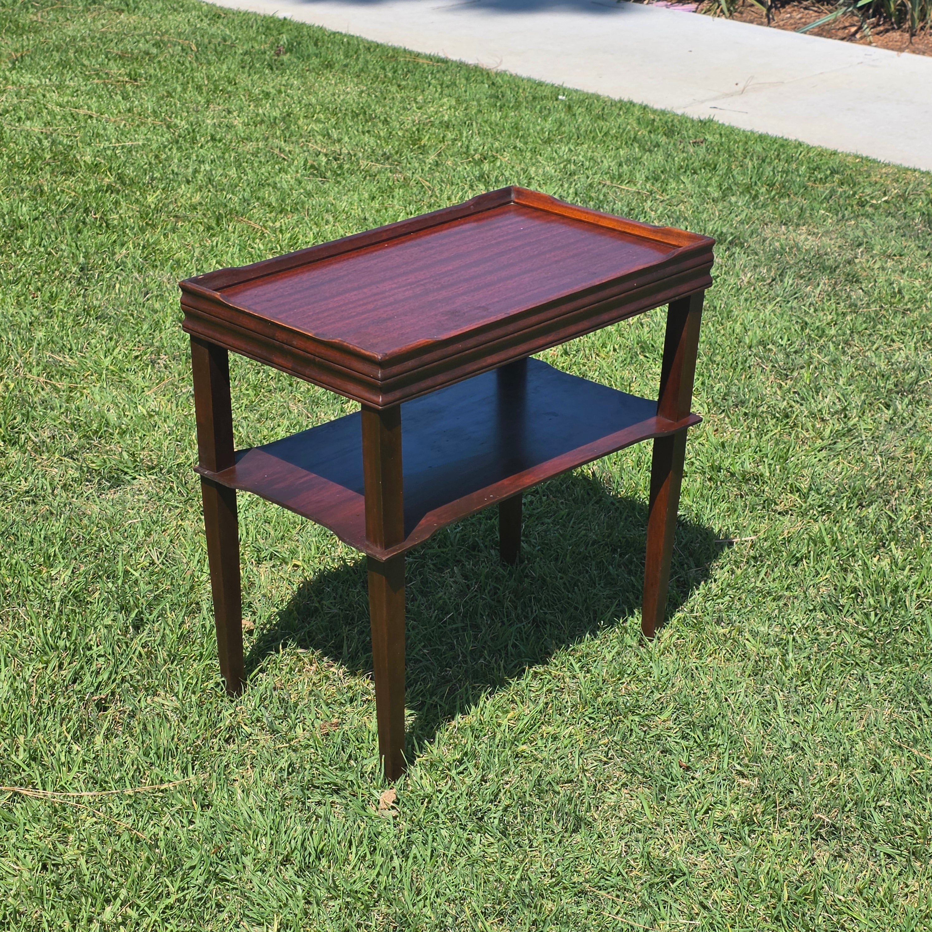 Vintage Mahogany 2-Tier Side Table Nightstand Tray Top Teacart Knockdown Brown