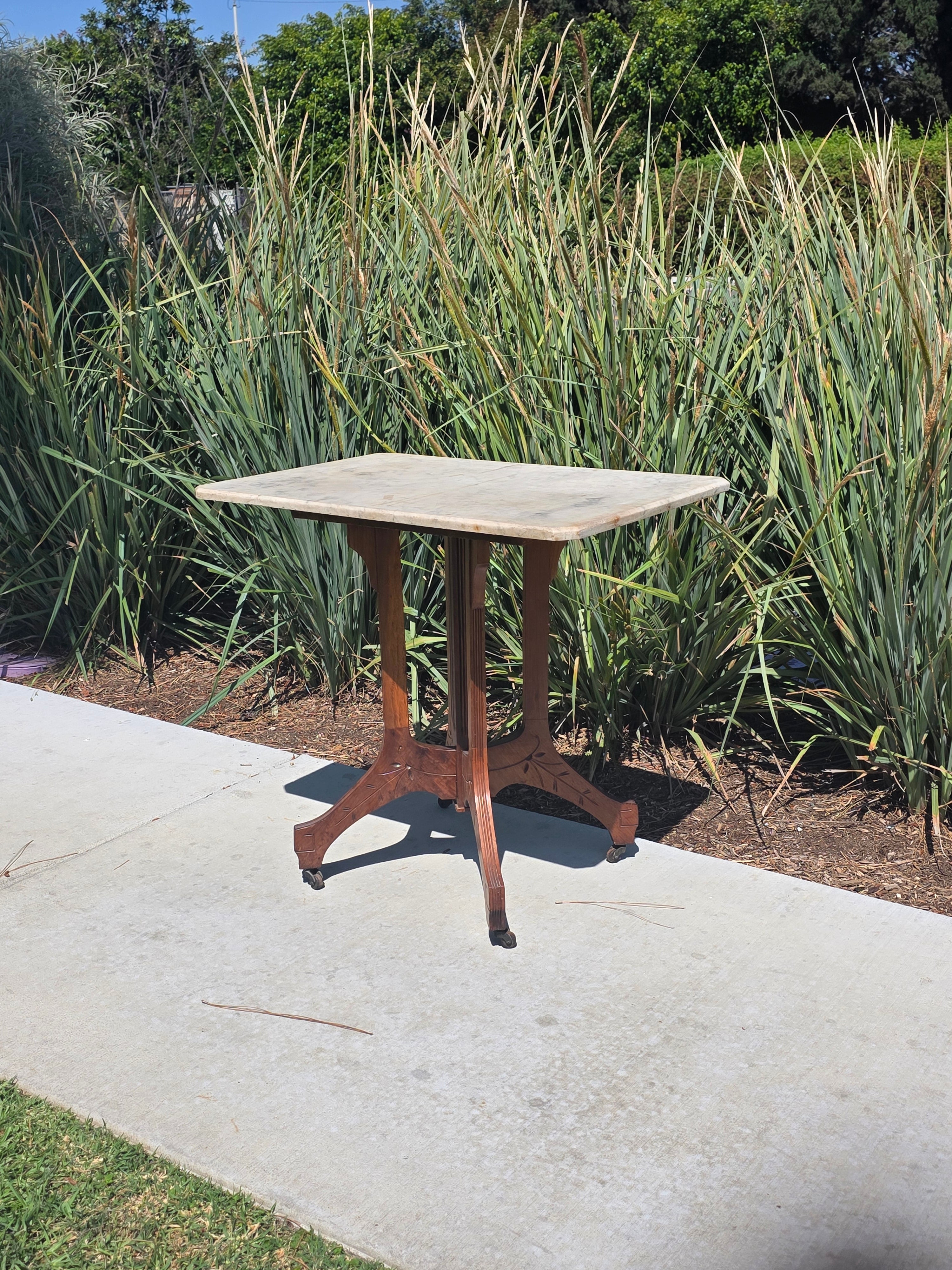 Antique Eastlake Marble Top Side Table Walnut Wood Victorian 19th C Lamp Stand