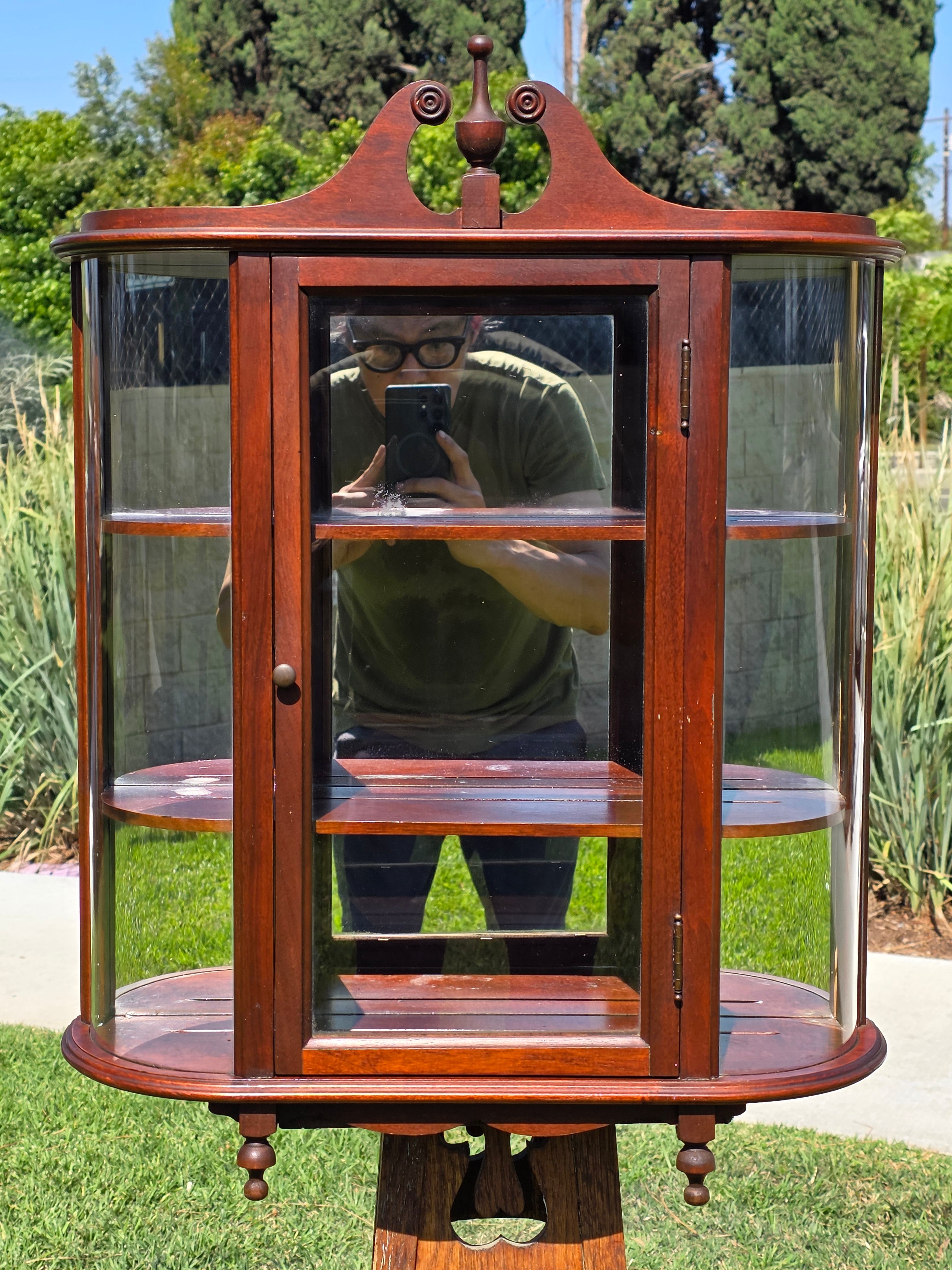 Vintage Federal Style Curved Glass Wall Curio Cabinet Mirror Back Display Case