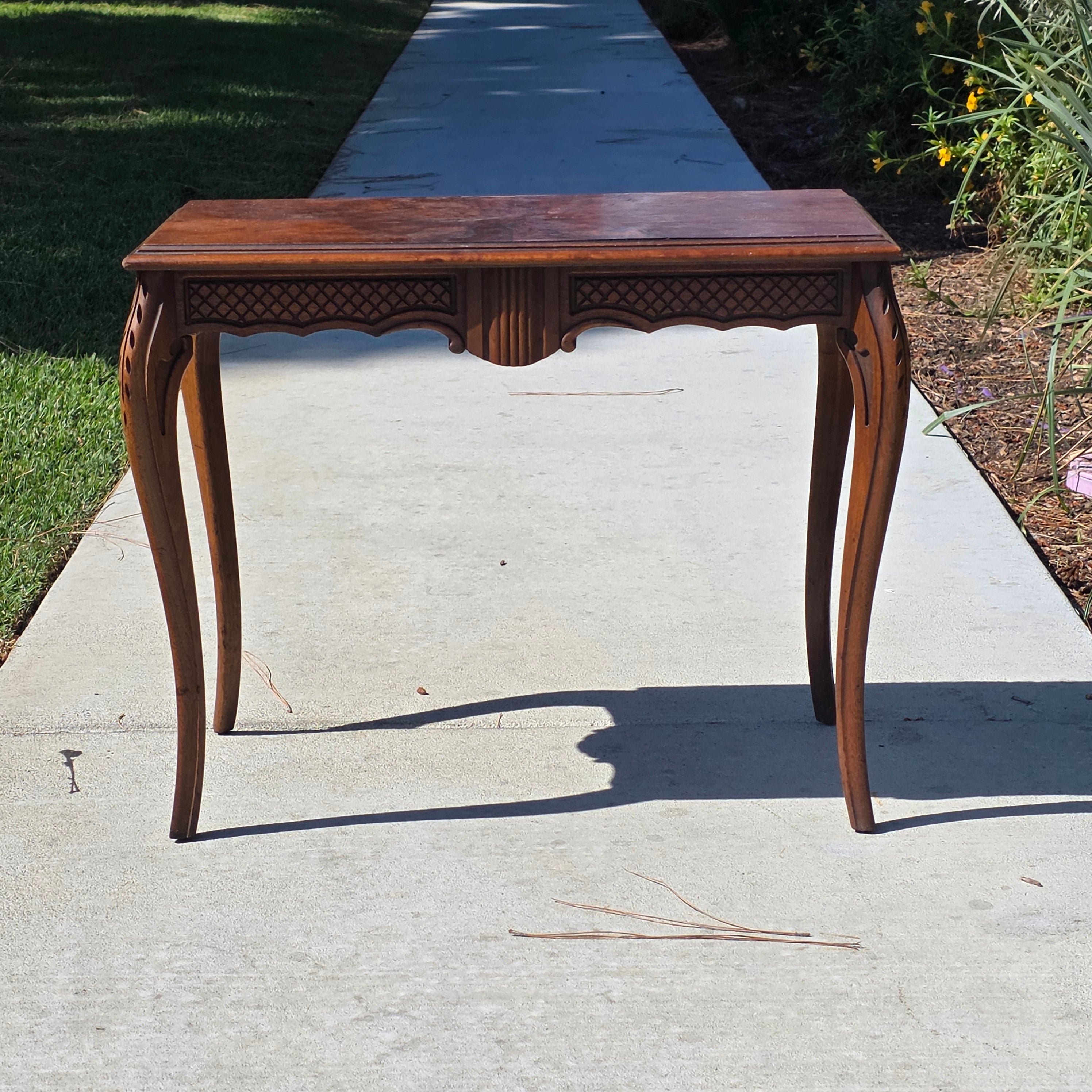 Vintage French Queen Anne Console Table Wood Accent Inlay Cabriole Leg 26" Small