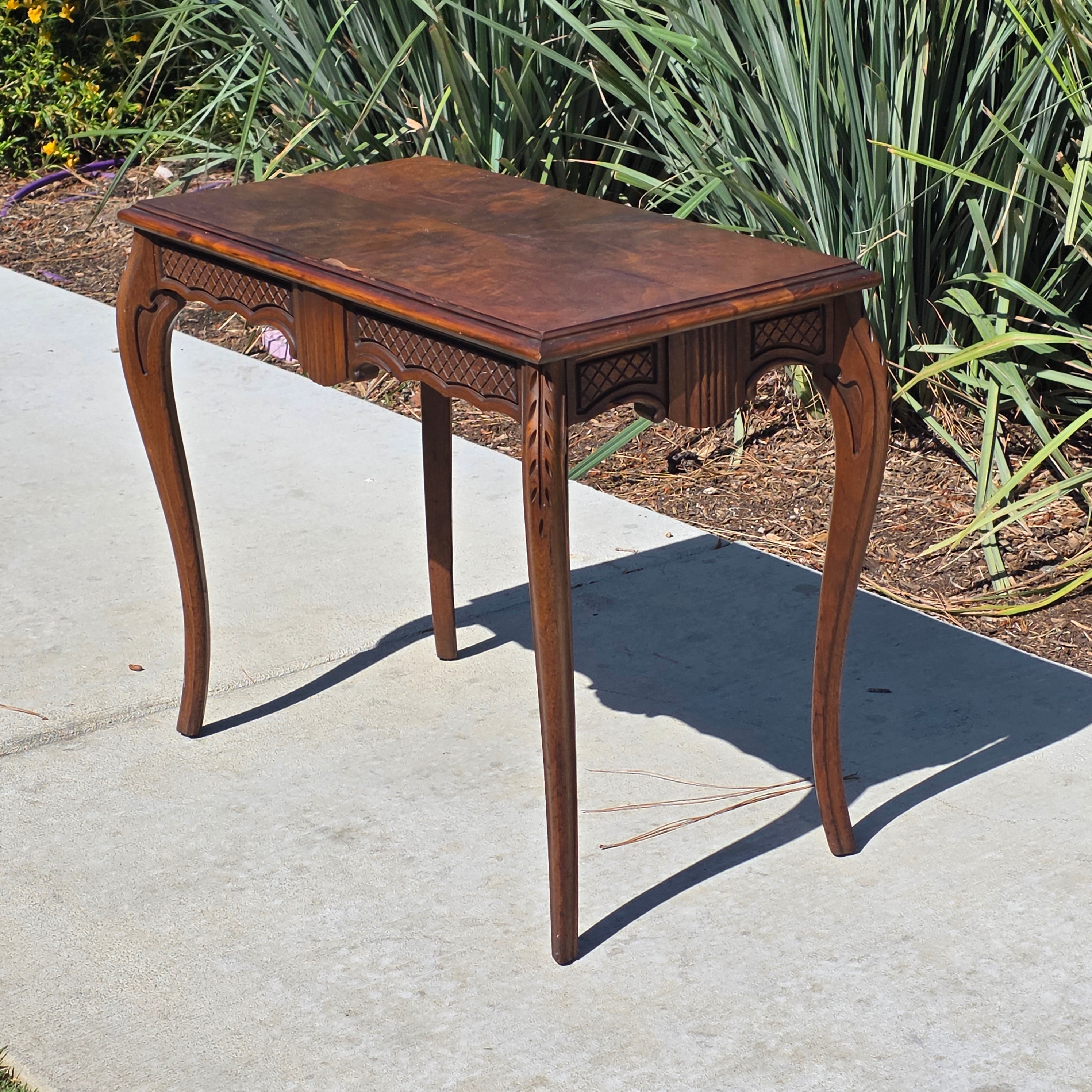 Vintage French Queen Anne Console Table Wood Accent Inlay Cabriole Leg 26" Small