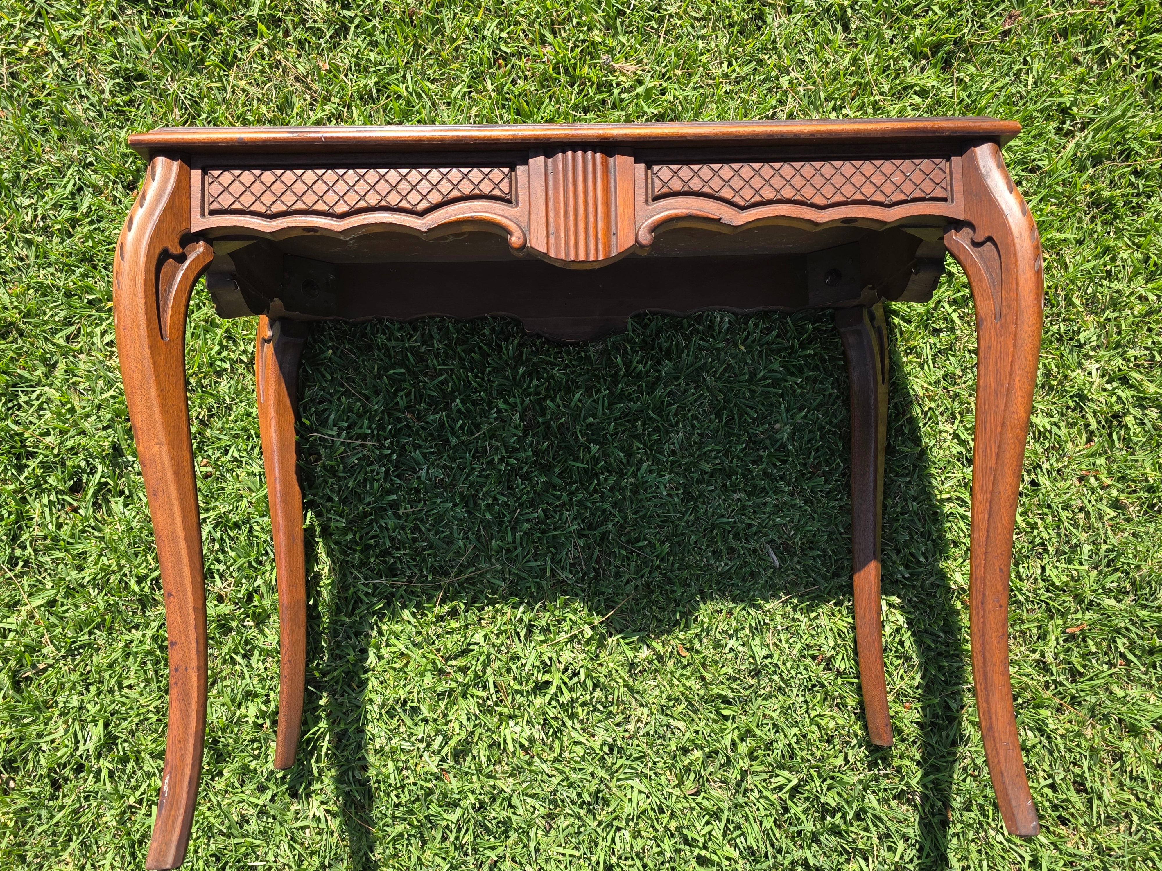 Vintage French Queen Anne Console Table Wood Accent Inlay Cabriole Leg 26" Small
