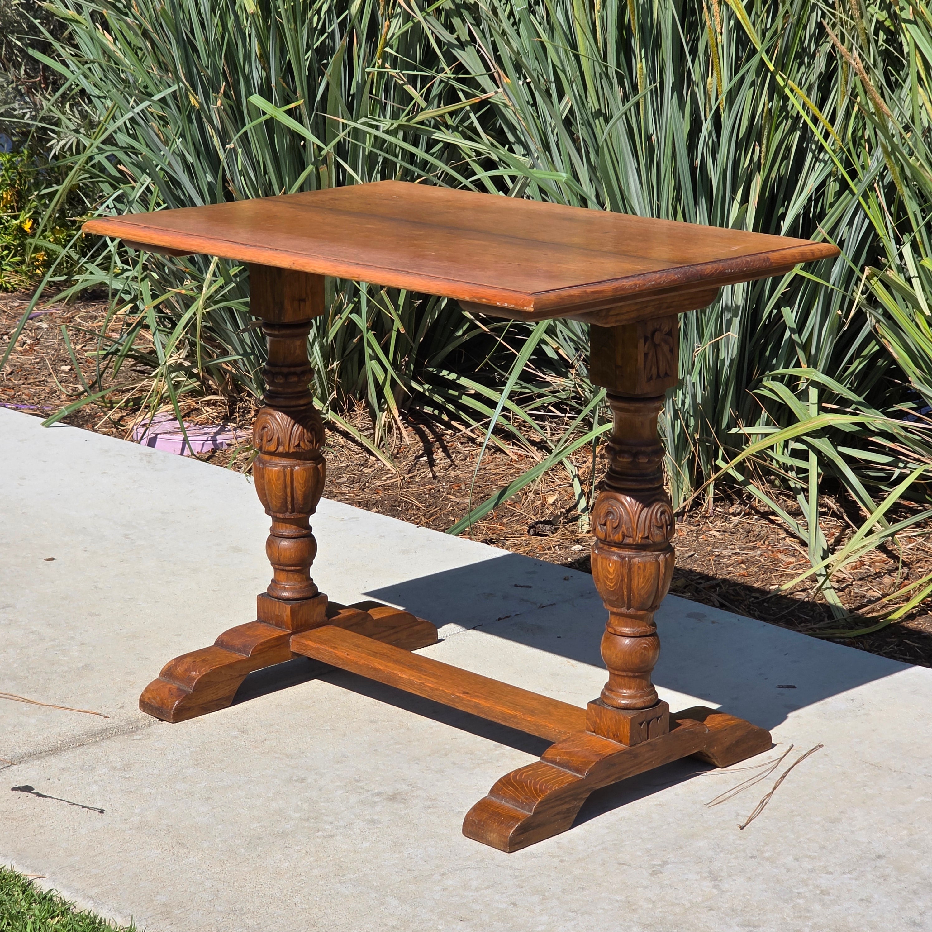 Antique Refectory Trestle Table Tiger Oak 1920s Jacobean Carved Small Desk 24"H