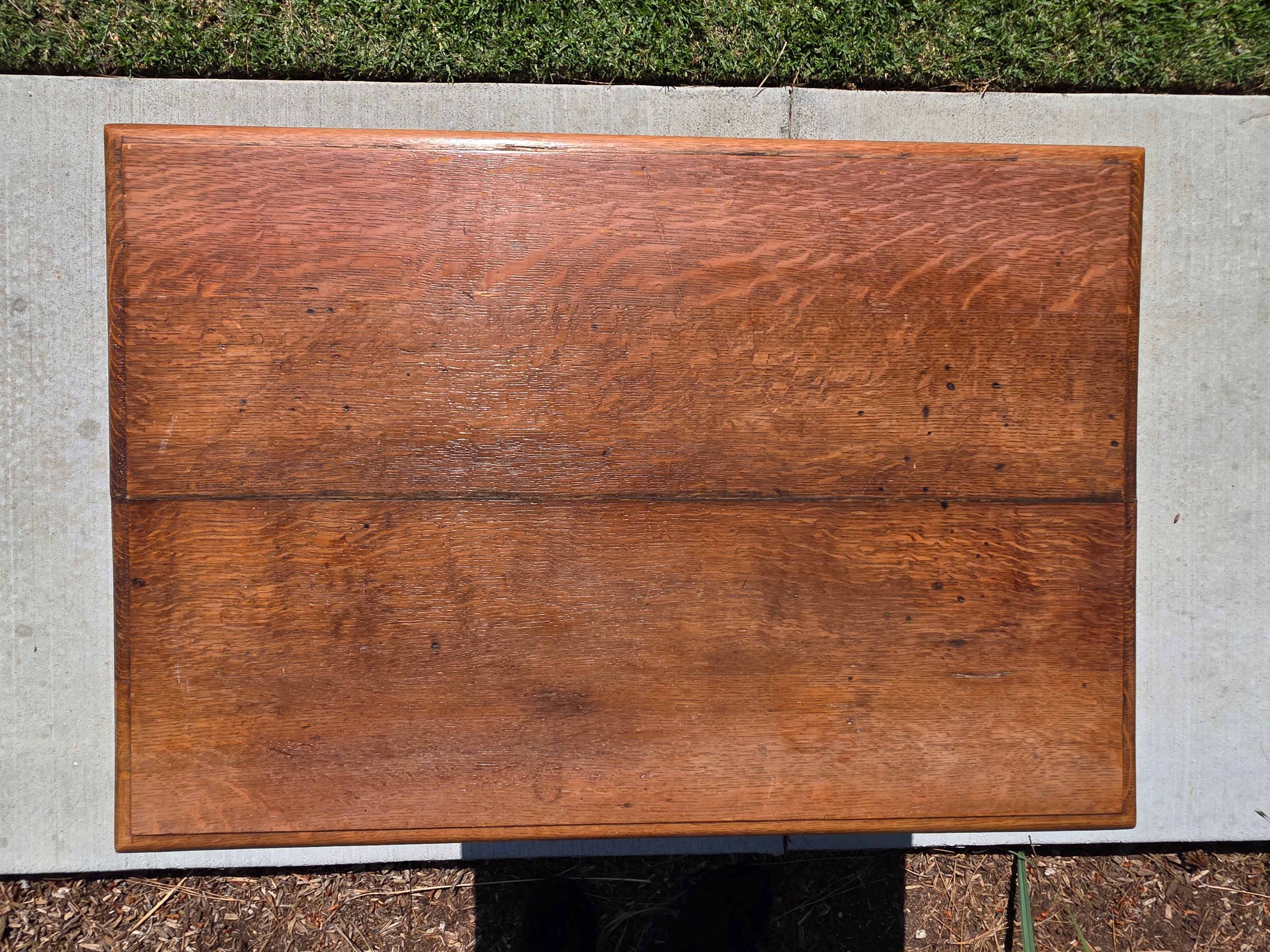 Antique Refectory Trestle Table Tiger Oak 1920s Jacobean Carved Small Desk 24"H
