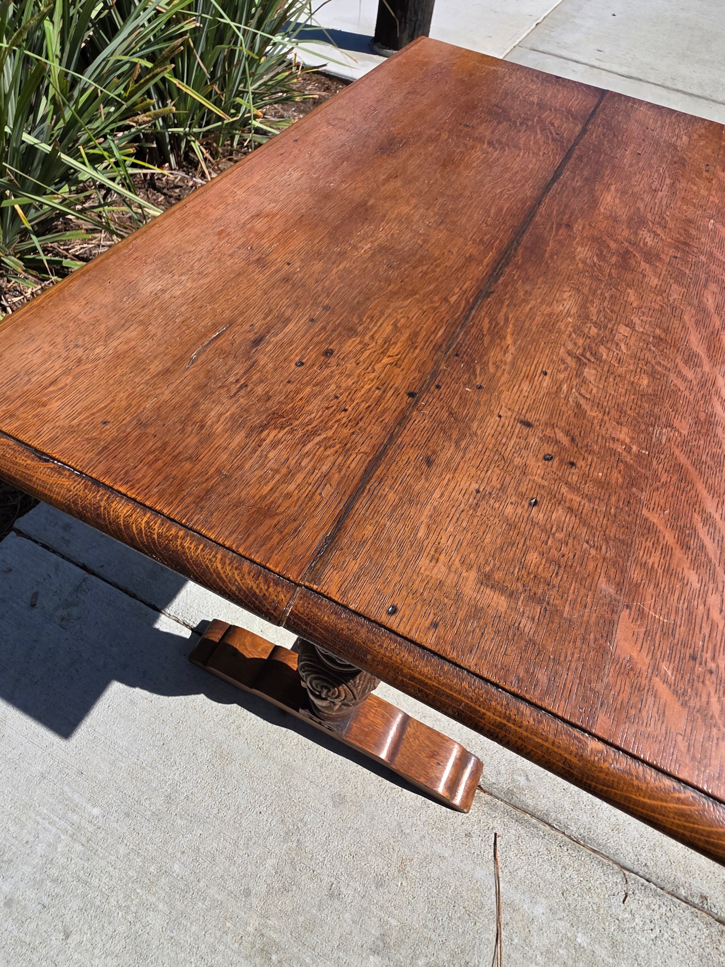 Antique Refectory Trestle Table Tiger Oak 1920s Jacobean Carved Small Desk 24"H