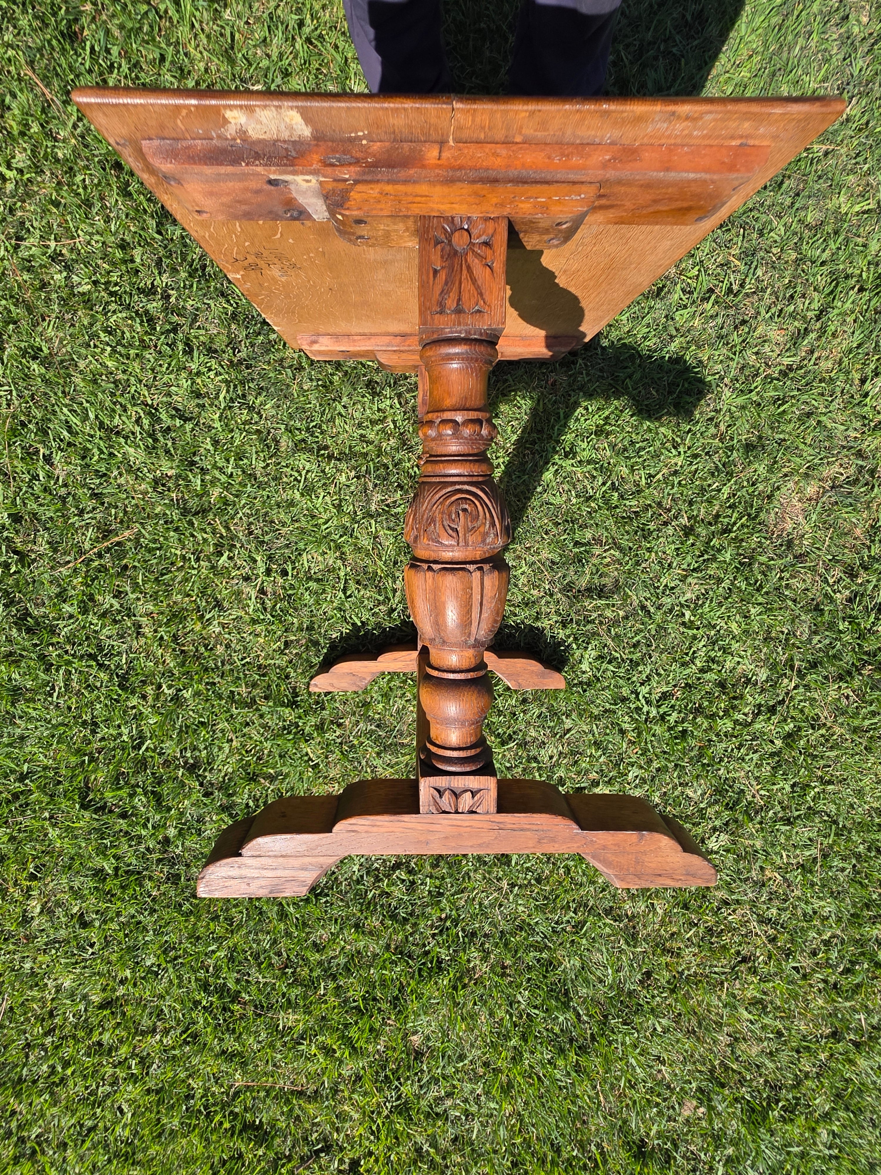 Antique Refectory Trestle Table Tiger Oak 1920s Jacobean Carved Small Desk 24"H