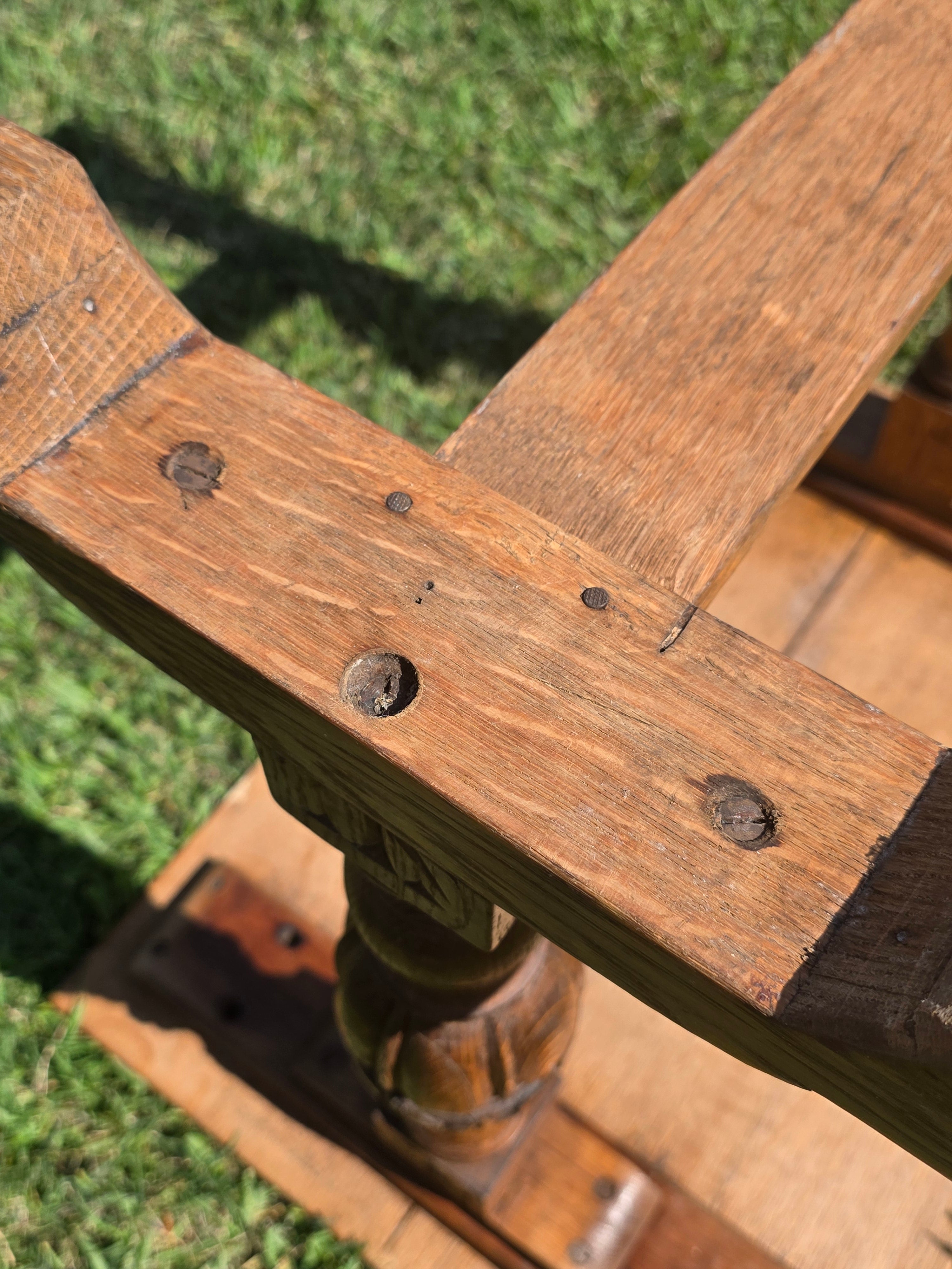 Antique Refectory Trestle Table Tiger Oak 1920s Jacobean Carved Small Desk 24"H