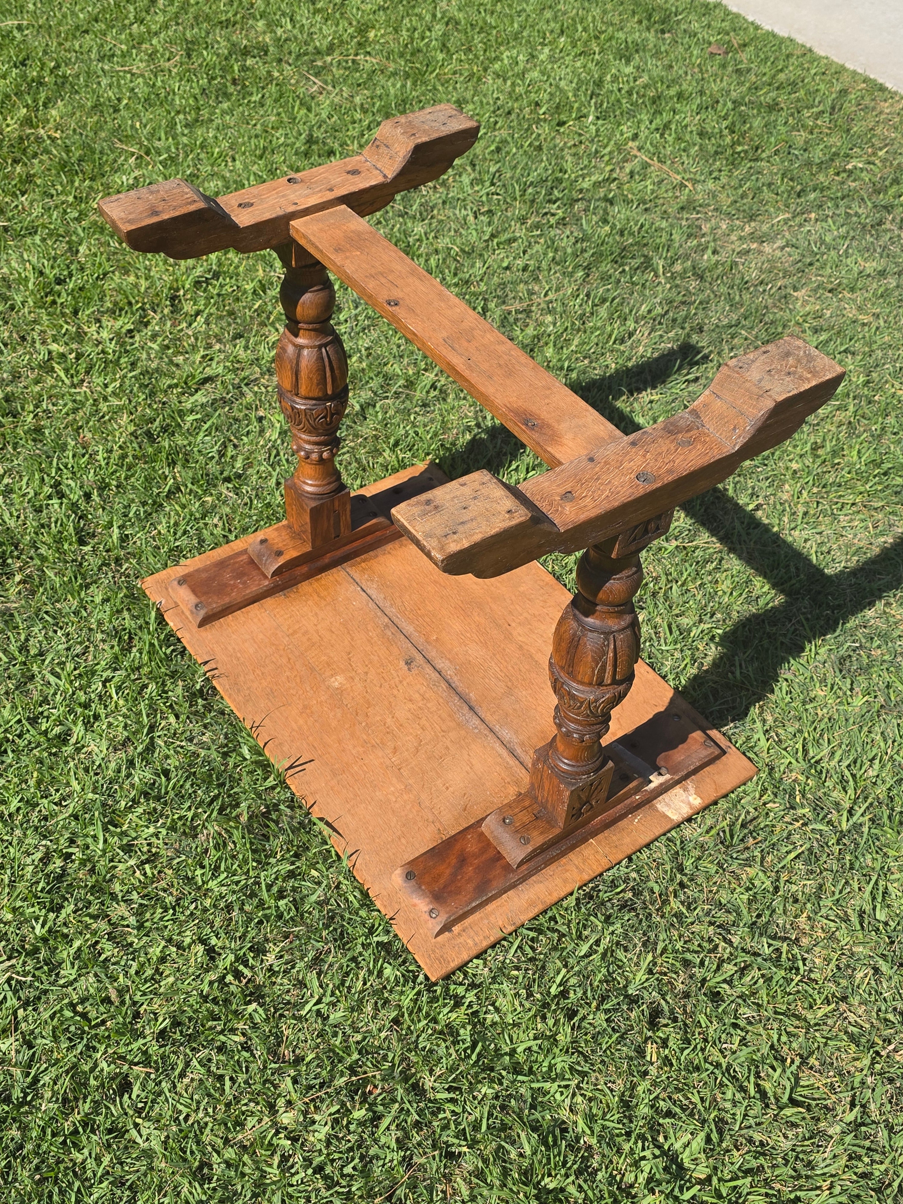 Antique Refectory Trestle Table Tiger Oak 1920s Jacobean Carved Small Desk 24"H