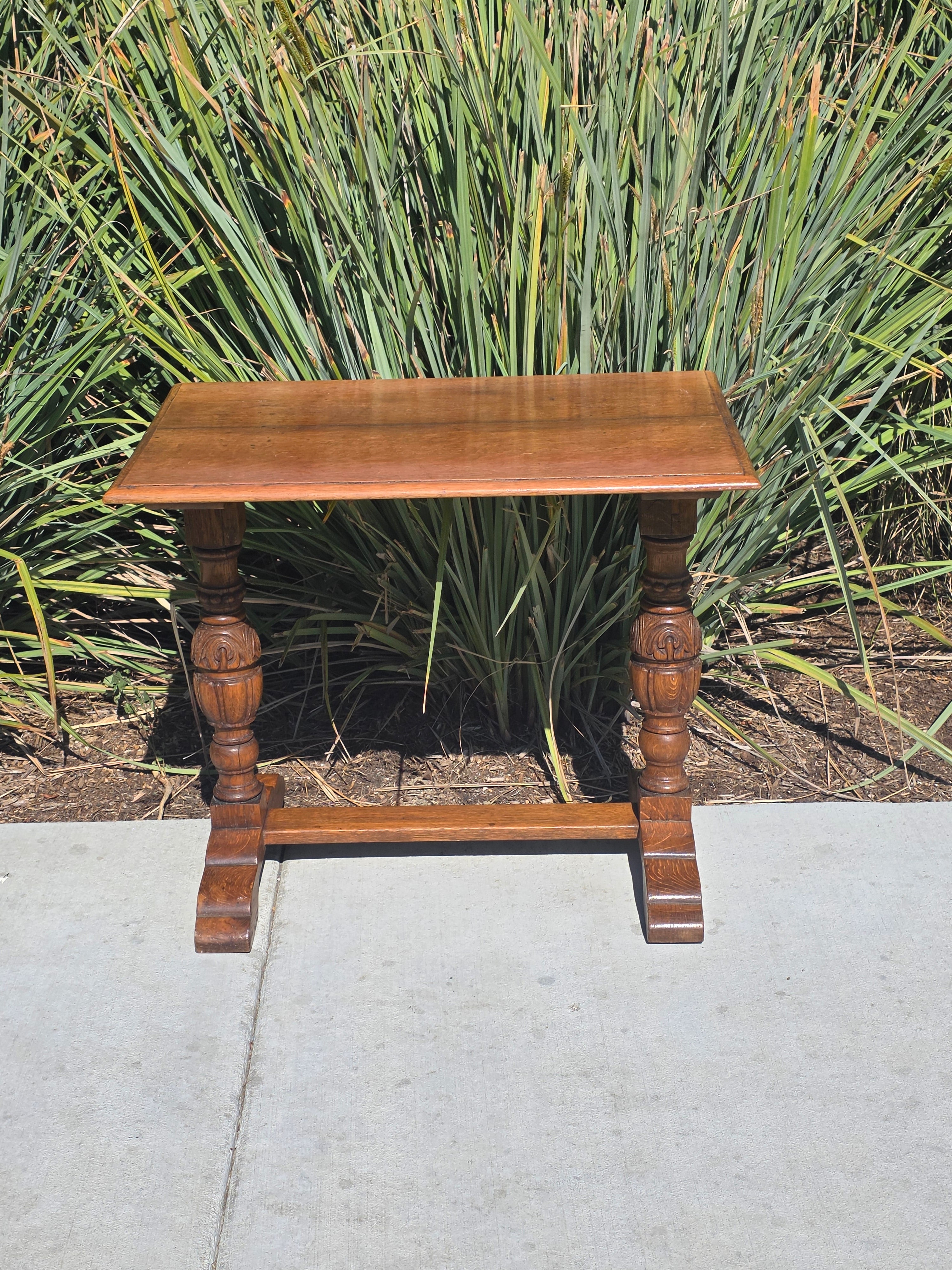 Antique Refectory Trestle Table Tiger Oak 1920s Jacobean Carved Small Desk 24"H