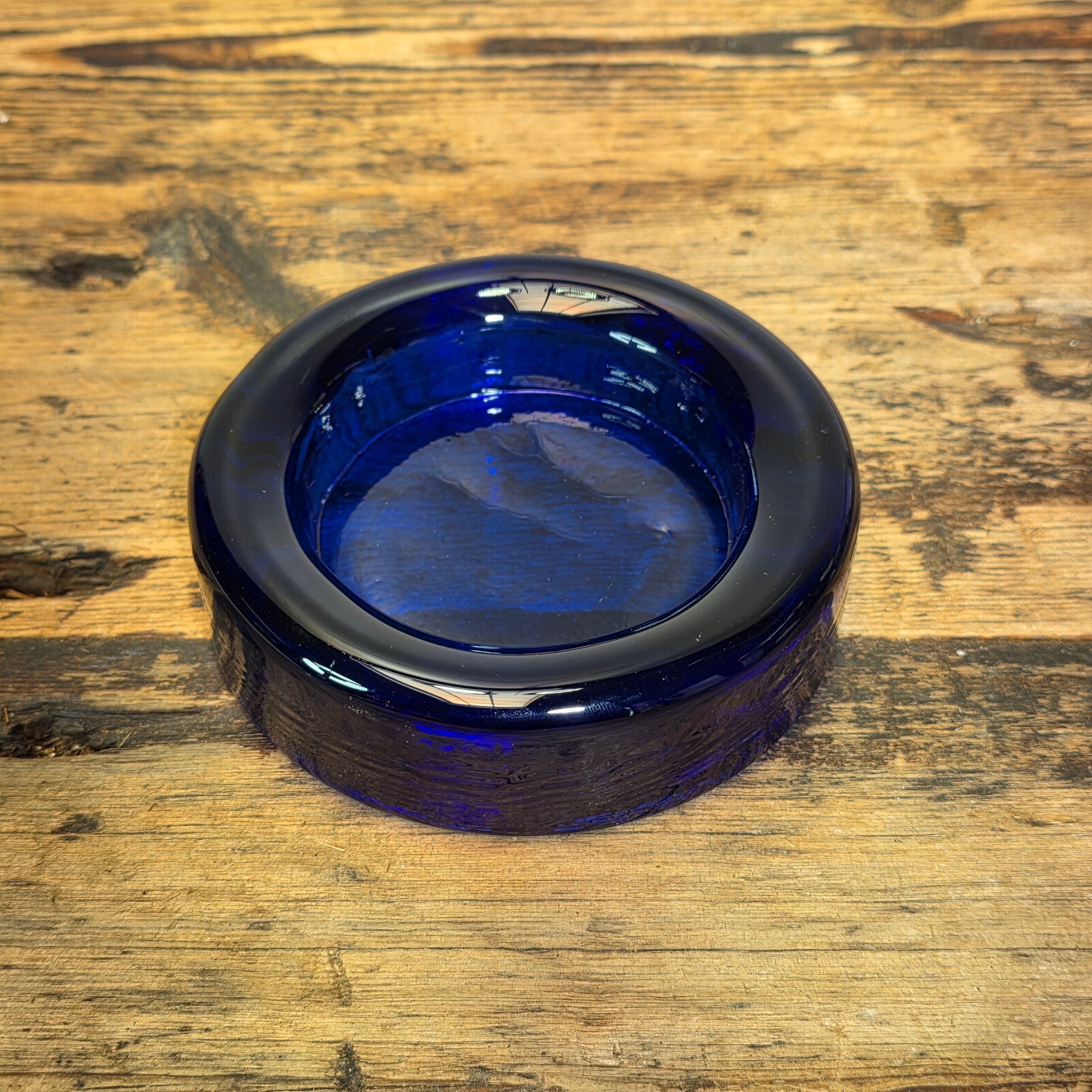 Vintage Cobalt Blue Glass Ashtray Round Heavy MCM Cigar Trinket Dish 4.5"