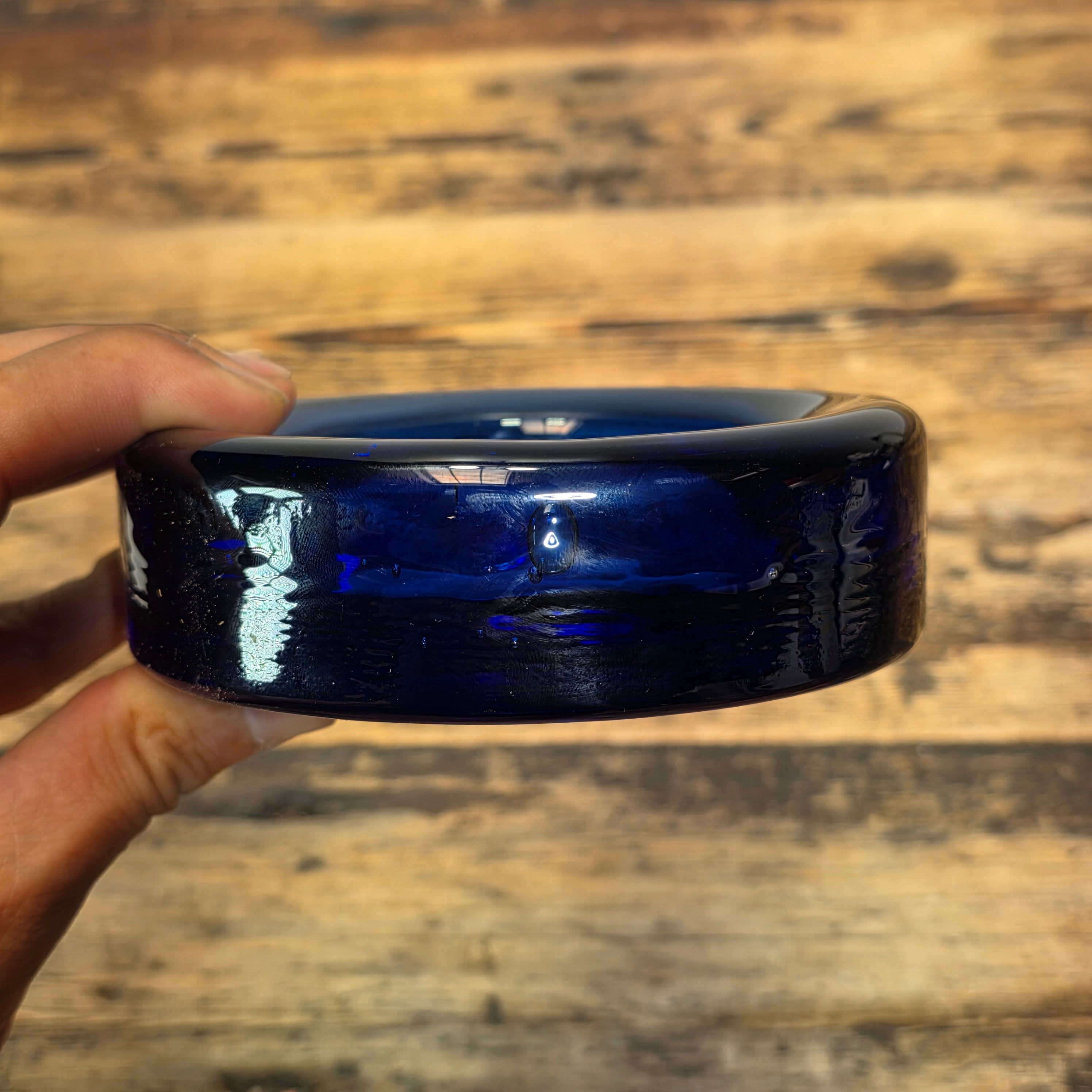 Vintage Cobalt Blue Glass Ashtray Round Heavy MCM Cigar Trinket Dish 4.5"