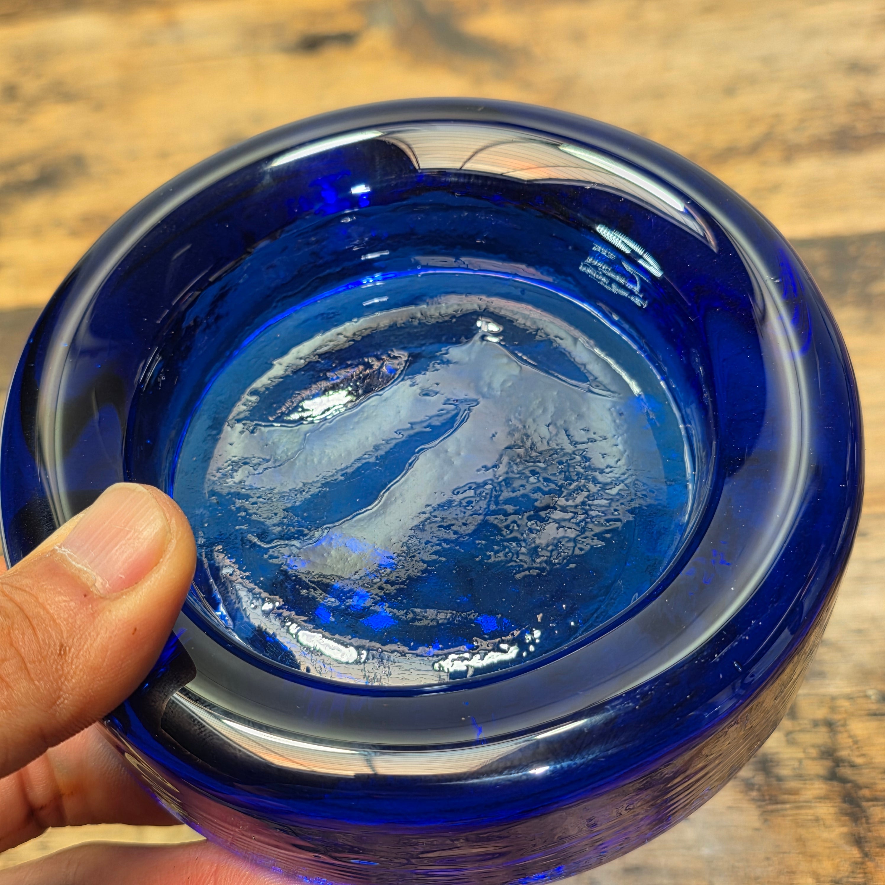 Vintage Cobalt Blue Glass Ashtray Round Heavy MCM Cigar Trinket Dish 4.5"