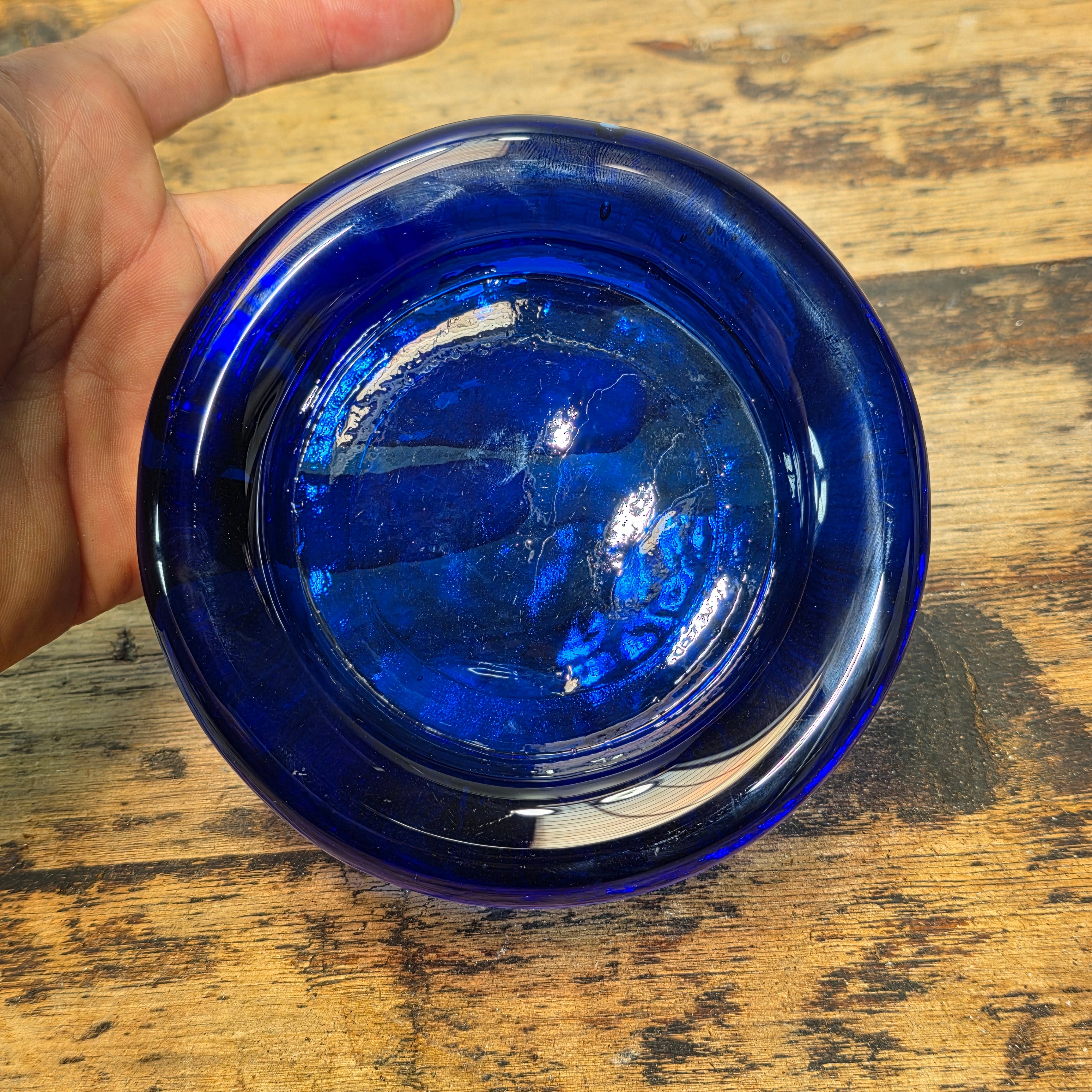 Vintage Cobalt Blue Glass Ashtray Round Heavy MCM Cigar Trinket Dish 4.5"