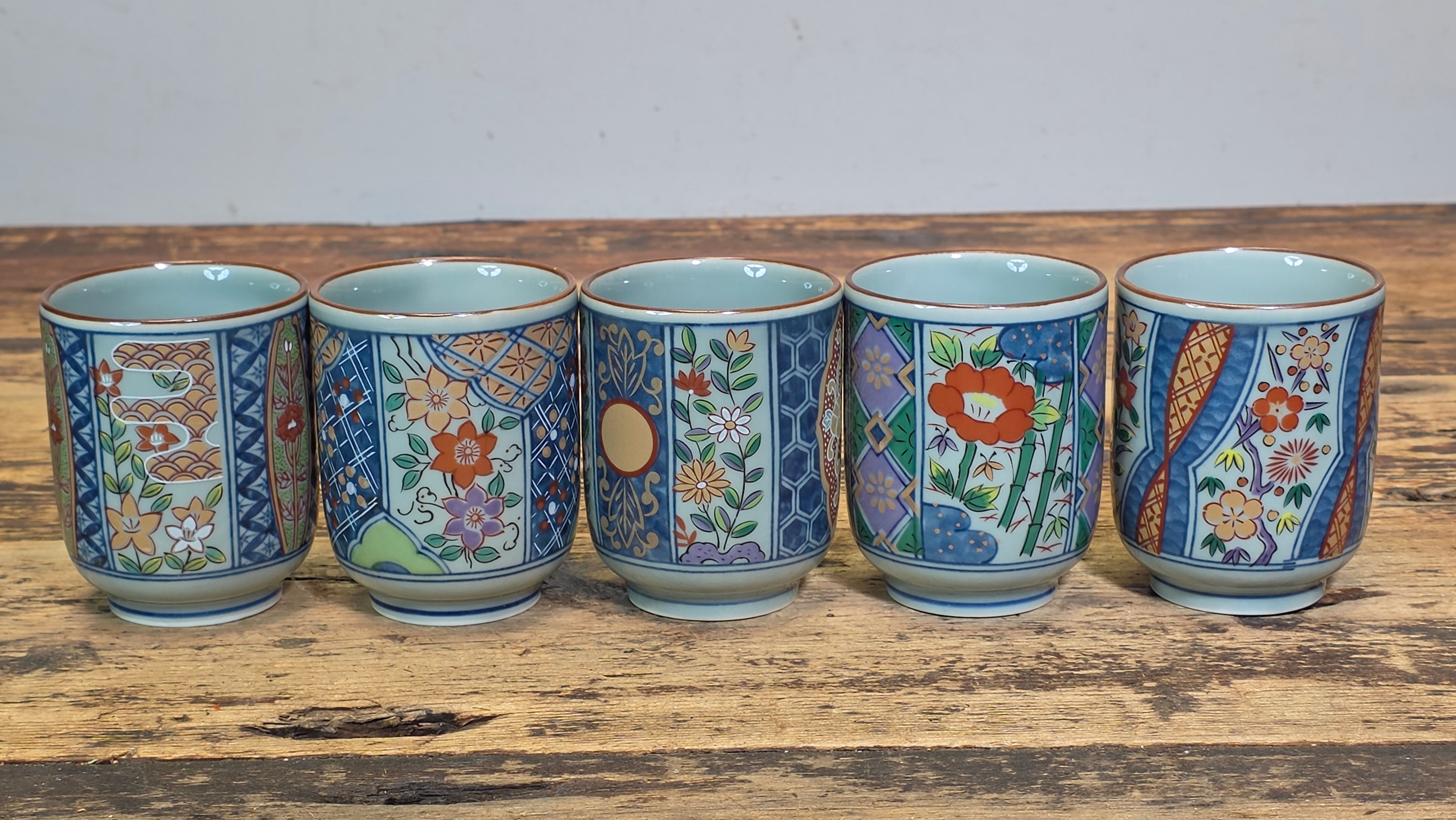 Arita Ware Nishou Kiln Tea Cups Set of 5 Somenishiki Imari Porcelain Japan 5oz