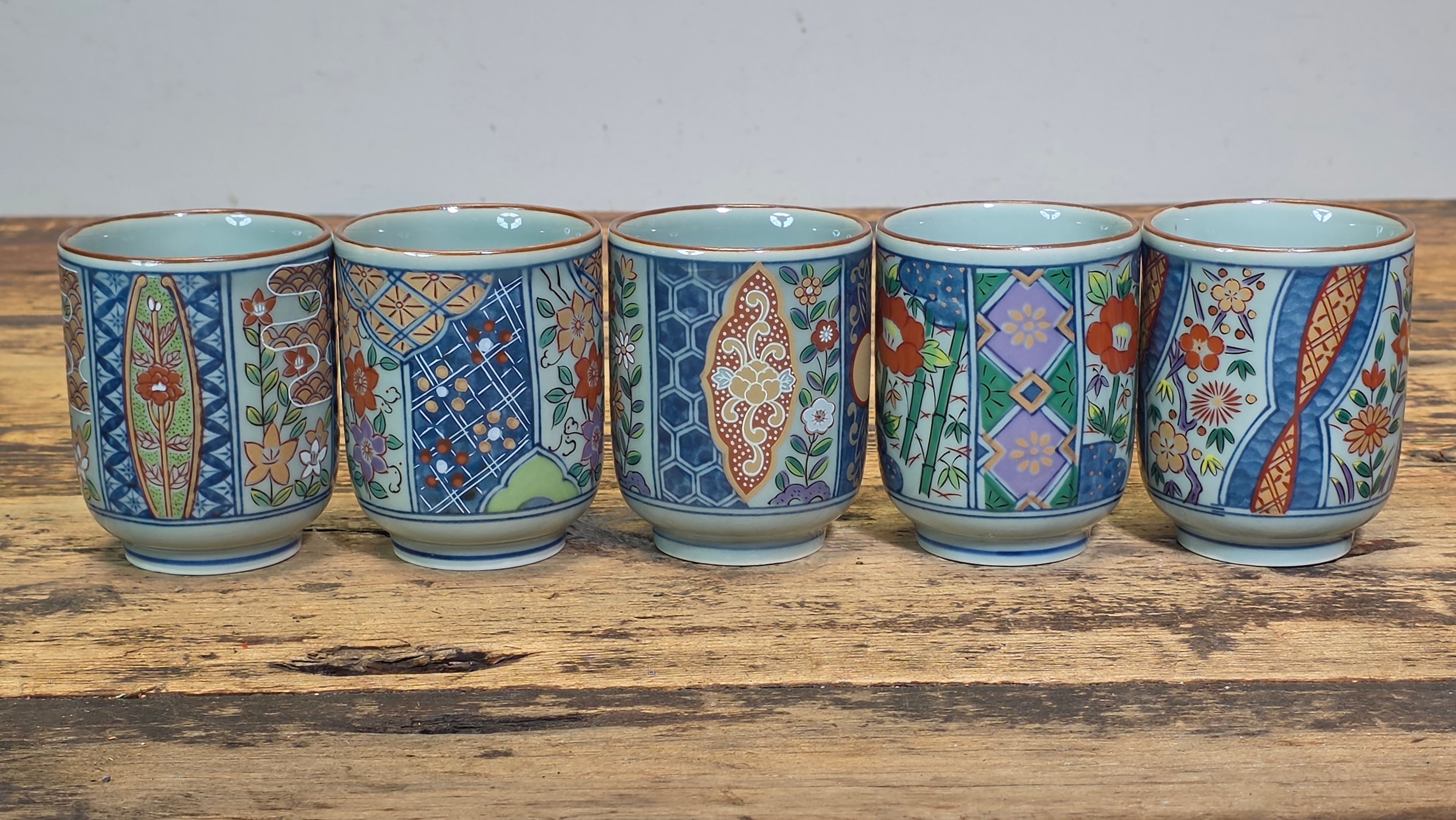 Arita Ware Nishou Kiln Tea Cups Set of 5 Somenishiki Imari Porcelain Japan 5oz