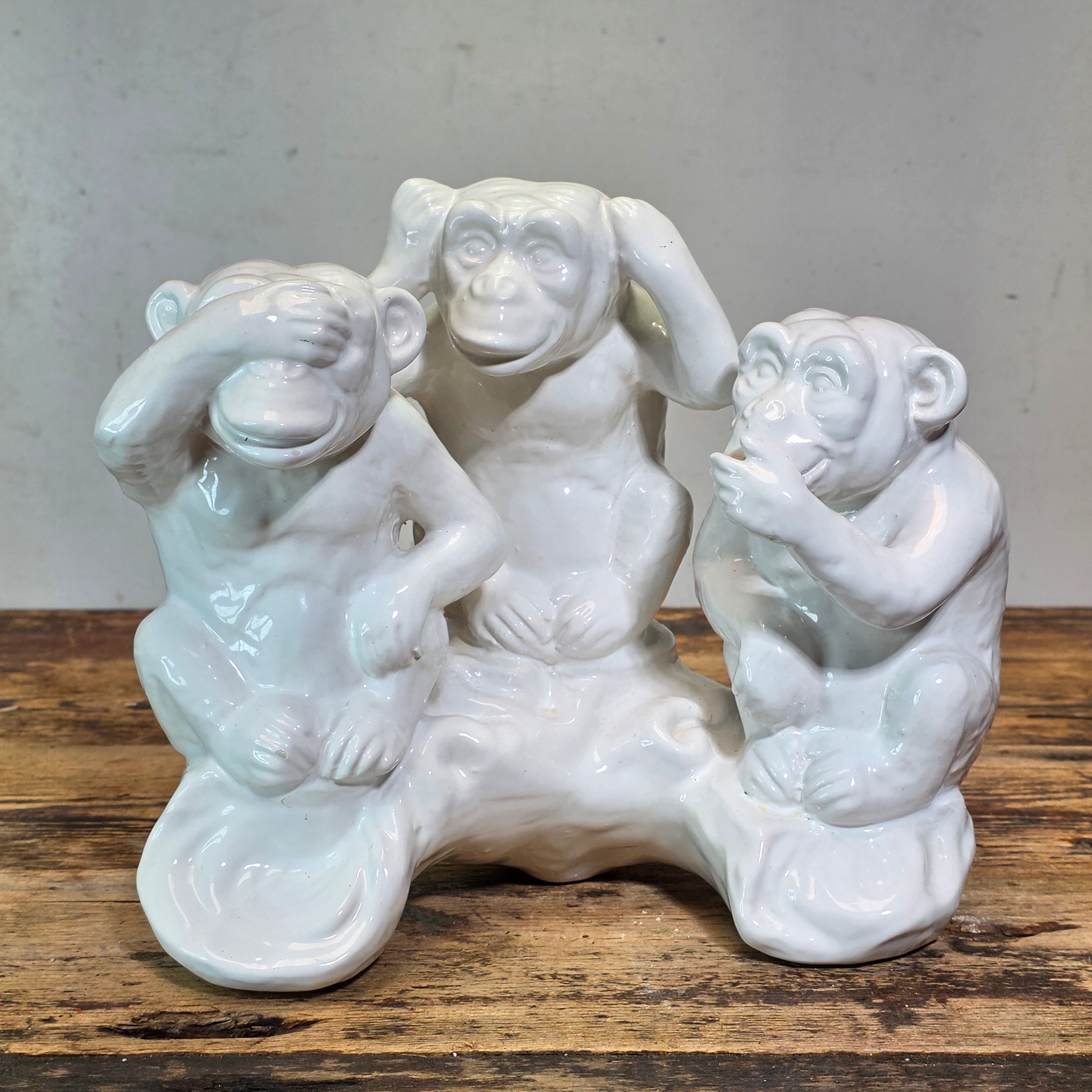 Vintage Italy White Ceramic Three Wise Monkeys Statue Hollywood Regency MCM