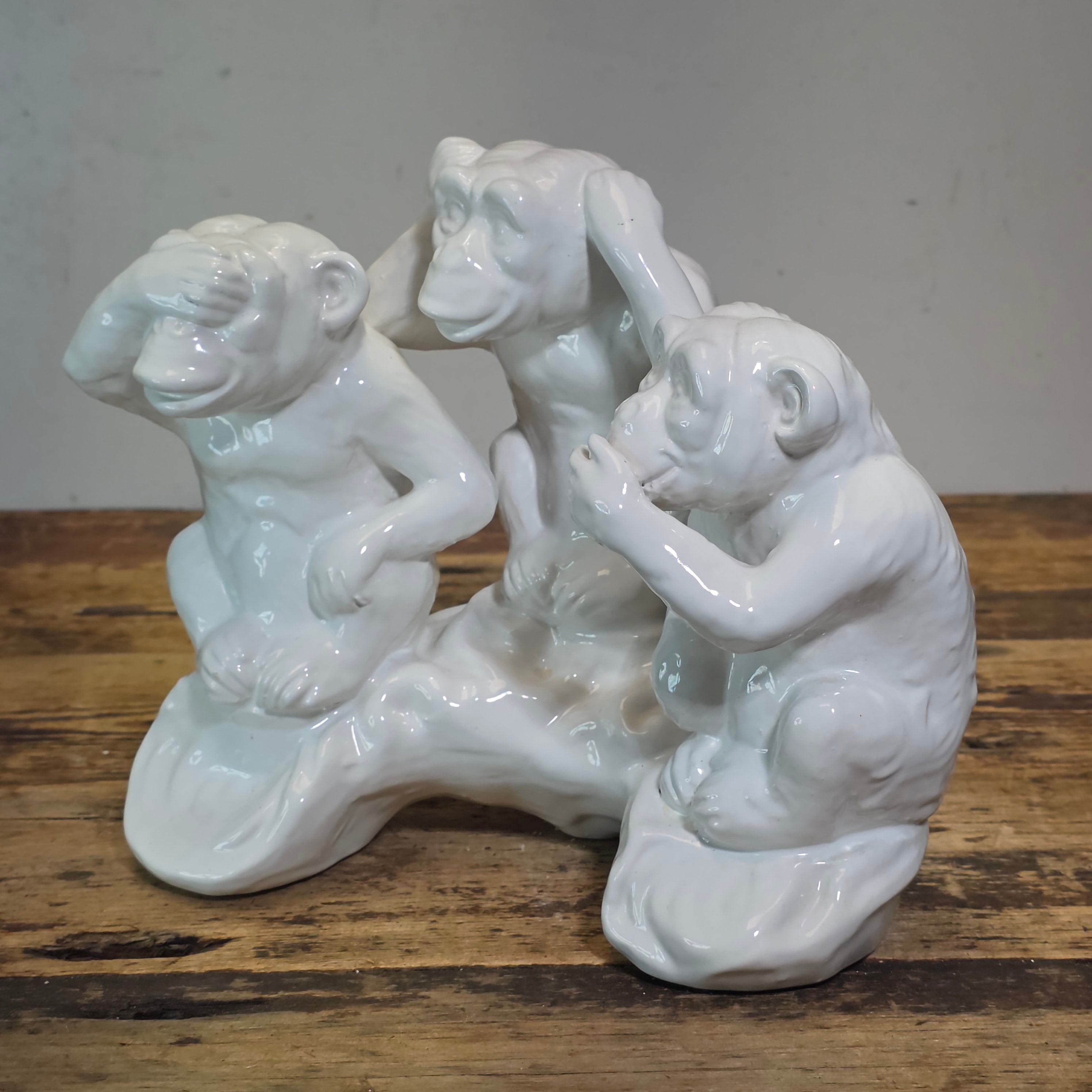 Vintage Italy White Ceramic Three Wise Monkeys Statue Hollywood Regency MCM