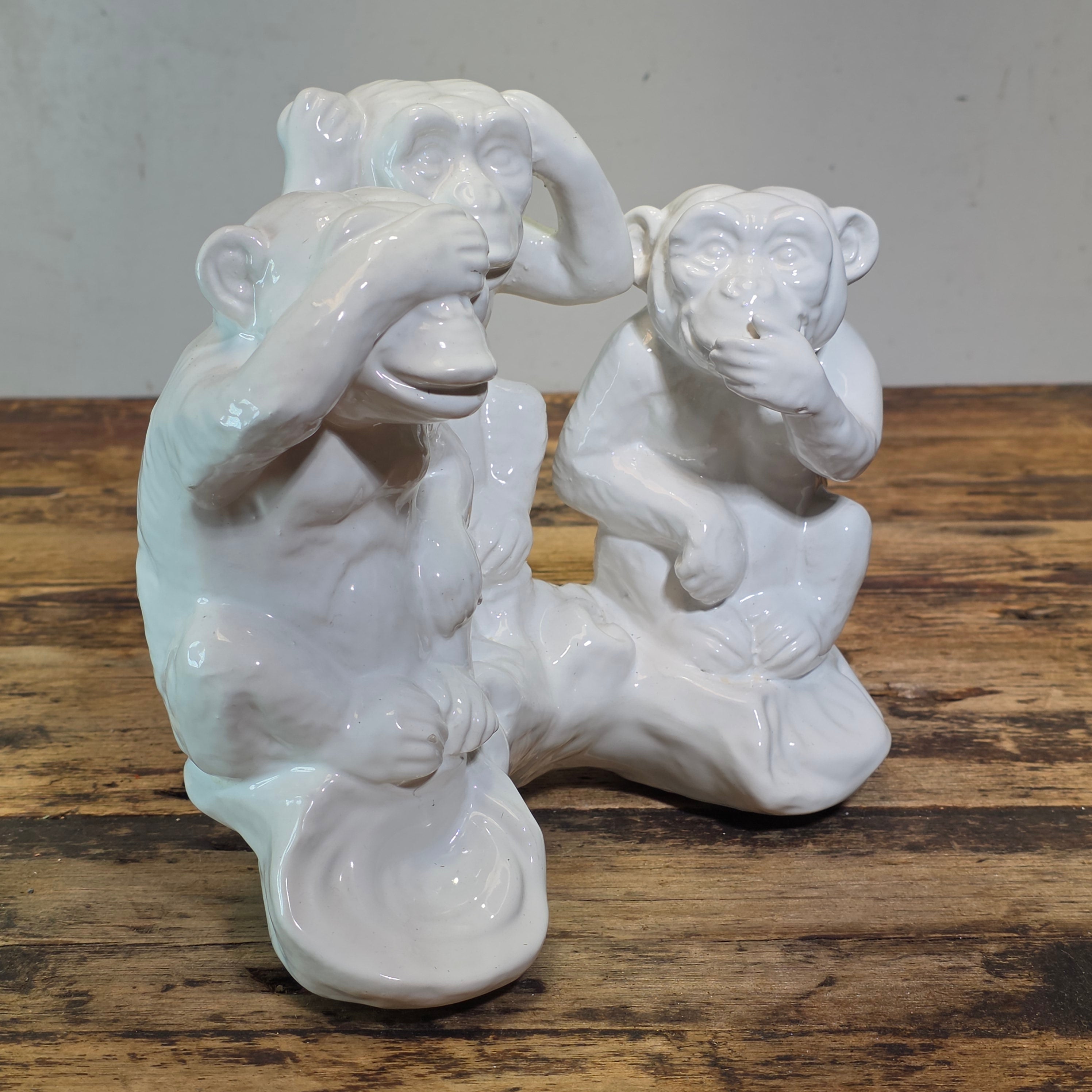 Vintage Italy White Ceramic Three Wise Monkeys Statue Hollywood Regency MCM
