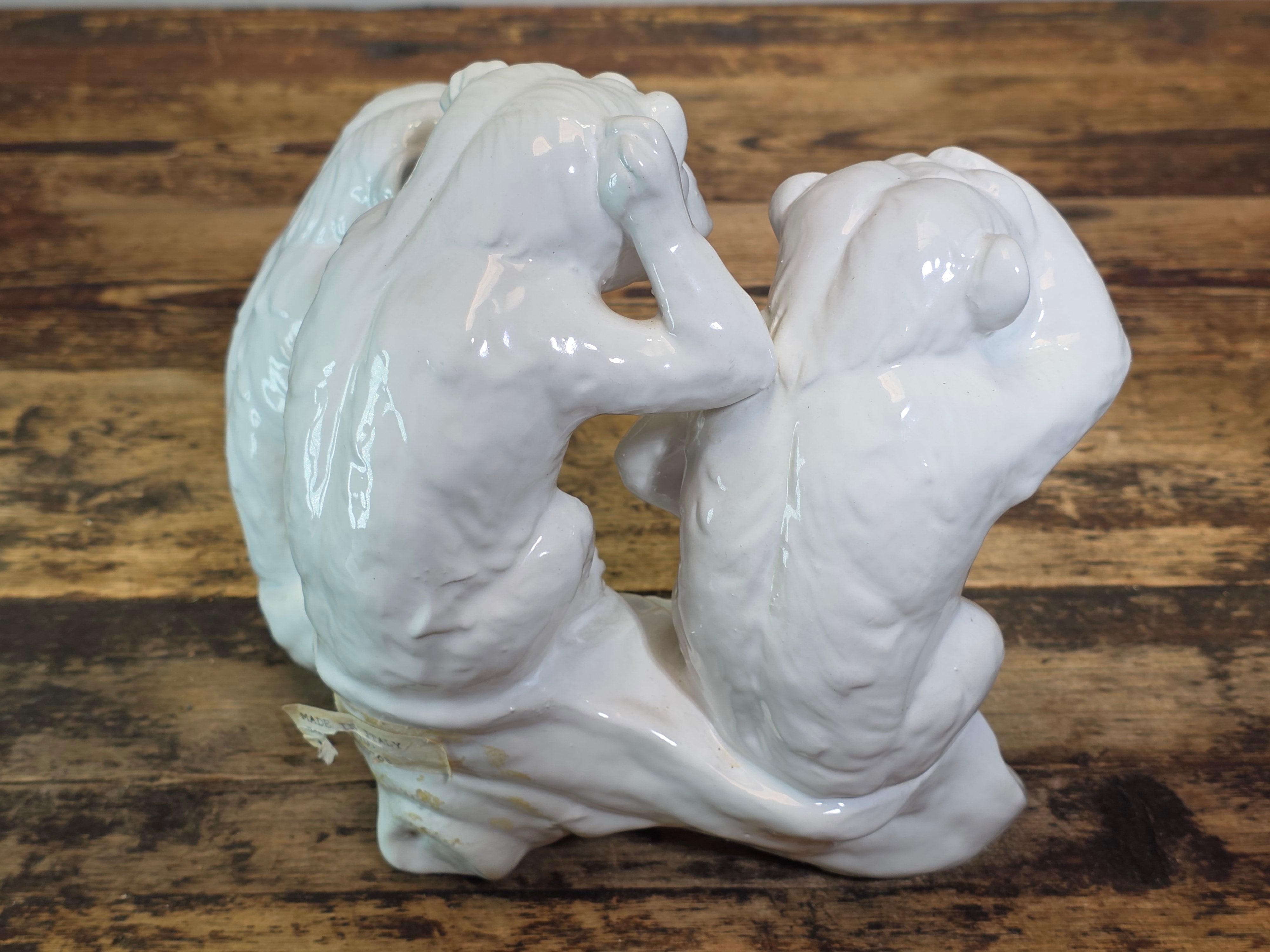 Vintage Italy White Ceramic Three Wise Monkeys Statue Hollywood Regency MCM