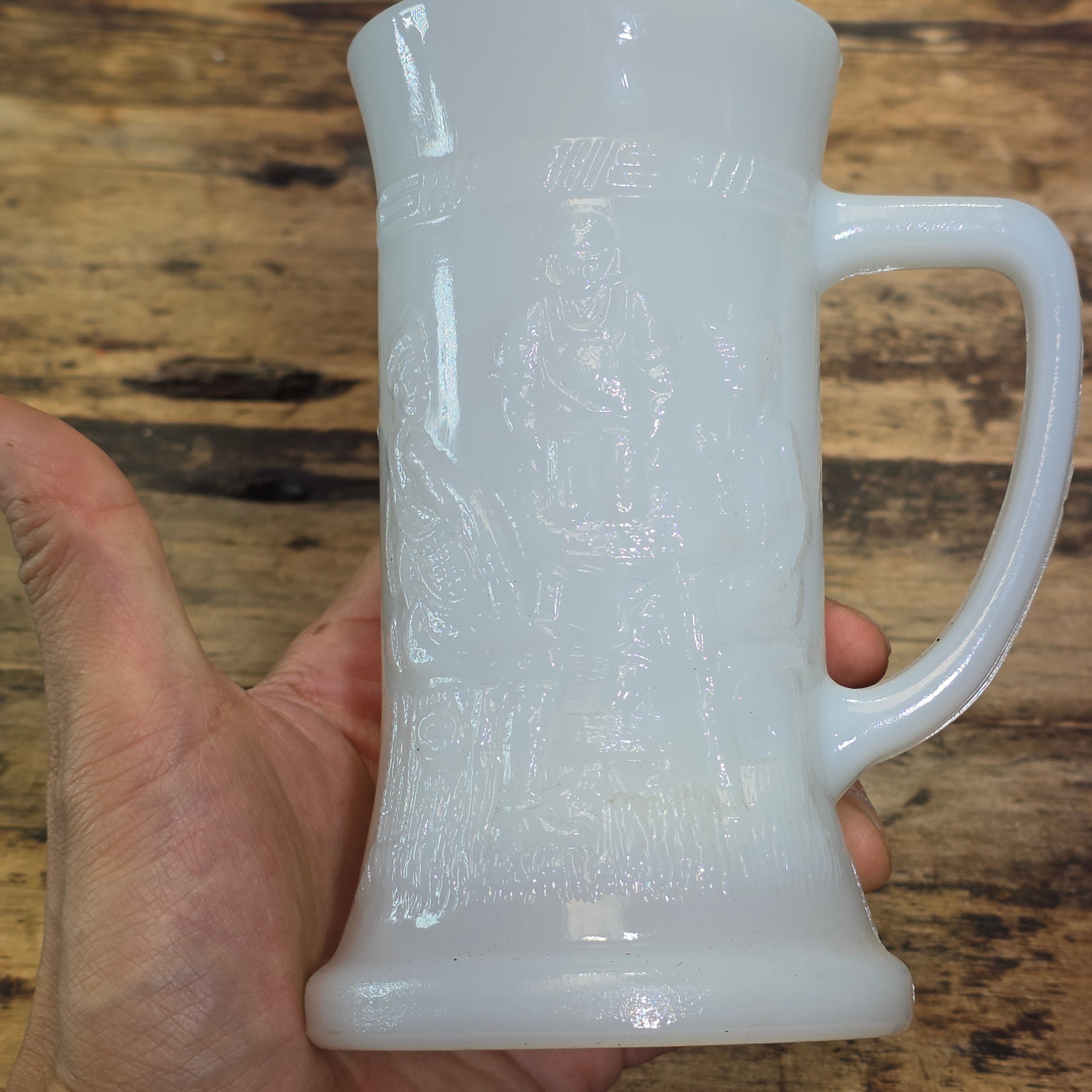 Vintage Federal Milk Glass Beer Stein Mug Tavern Scene Iridescent Heat Proof 6"