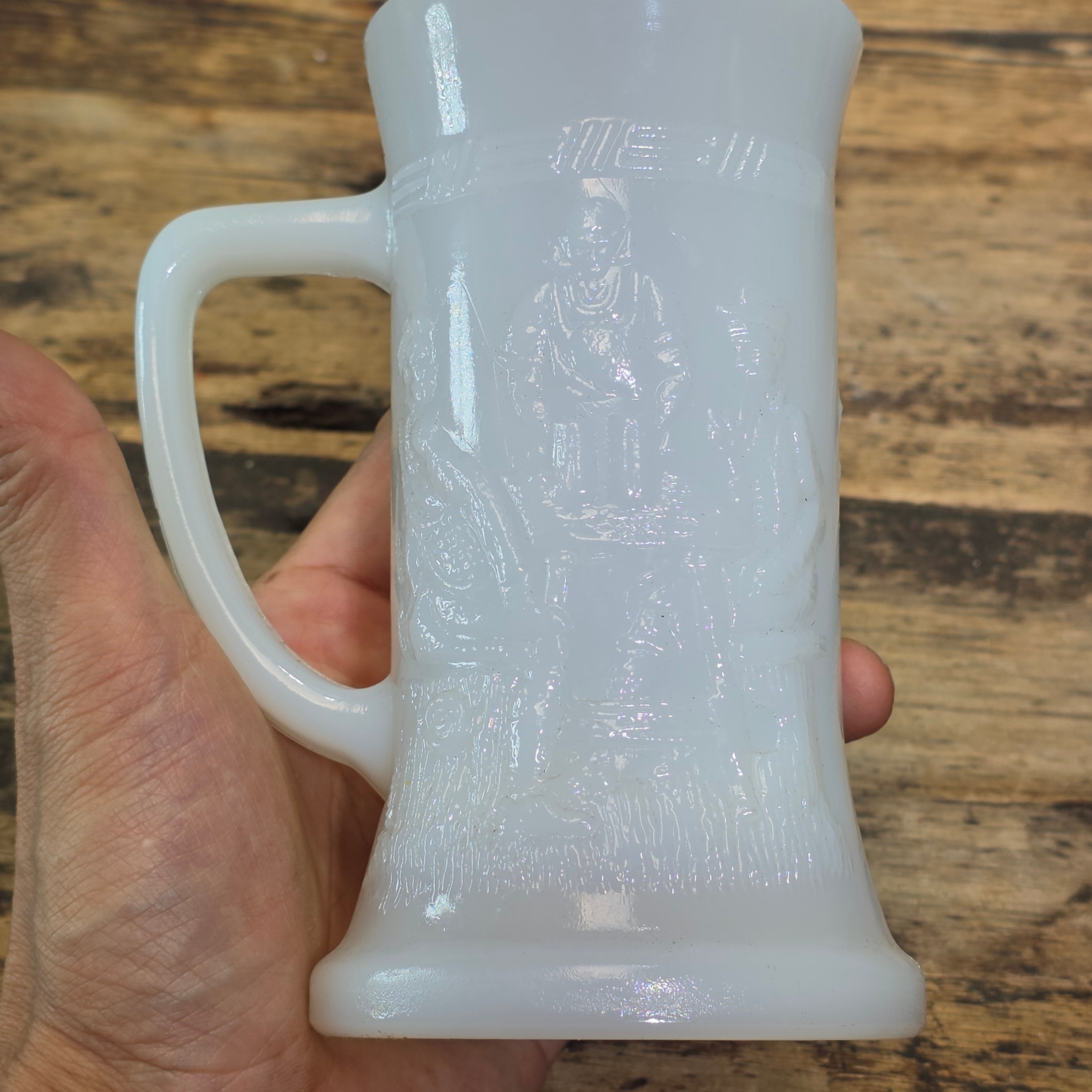 Vintage Federal Milk Glass Beer Stein Mug Tavern Scene Iridescent Heat Proof 6"