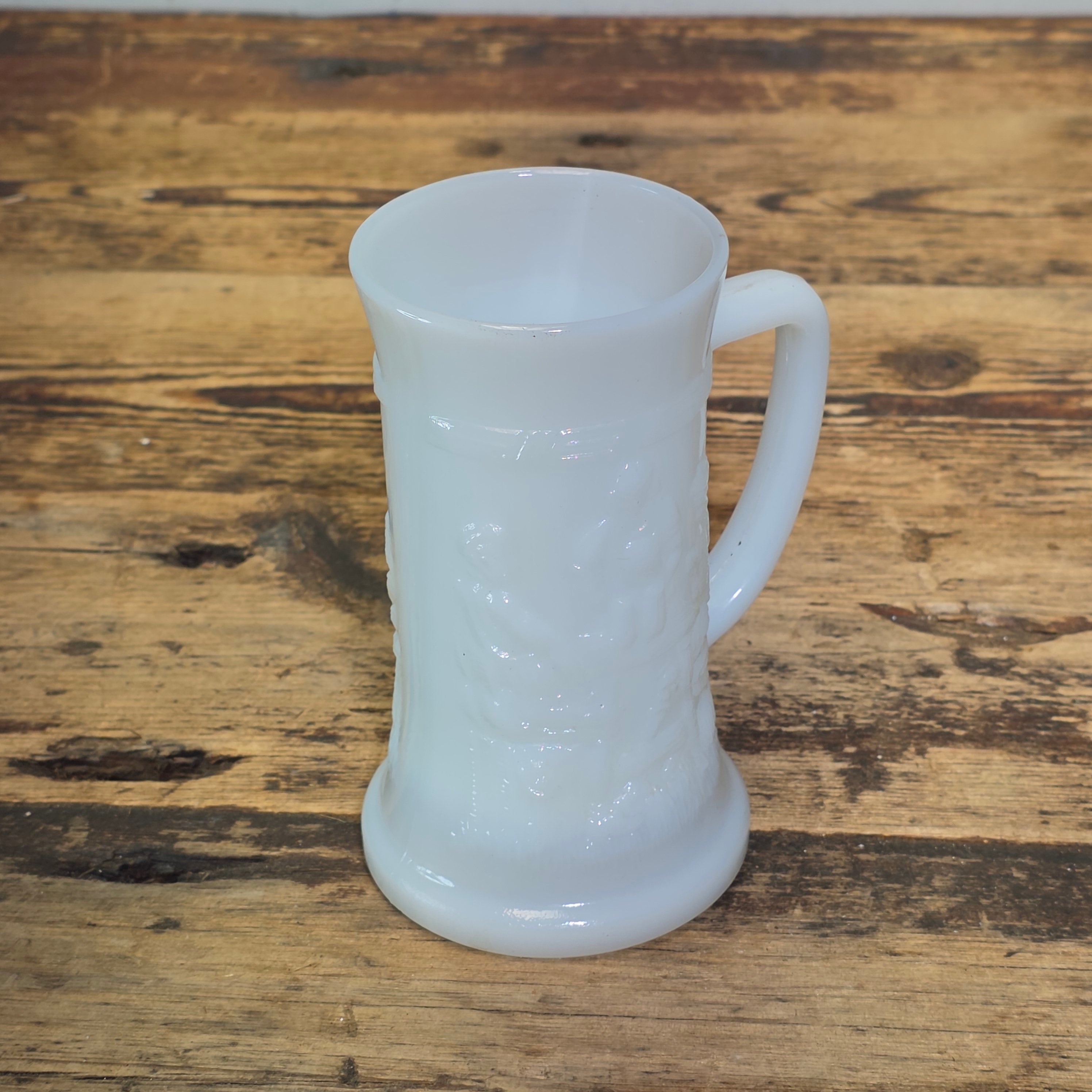 Vintage Federal Milk Glass Beer Stein Mug Tavern Scene Iridescent Heat Proof 6"