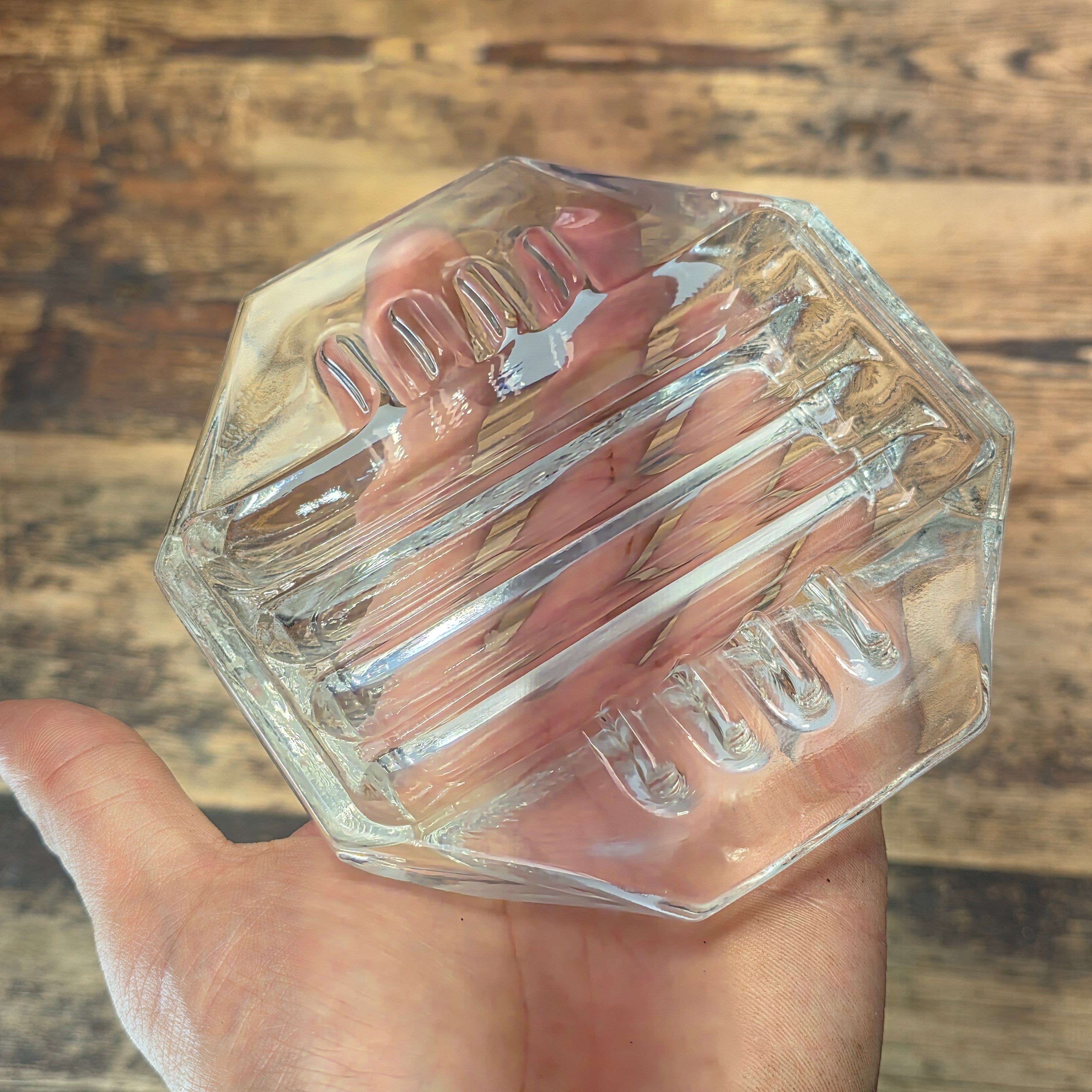 Vintage Safex Clear Glass Ashtray Octagon Mid Century Modern Art Deco 5" Heavy