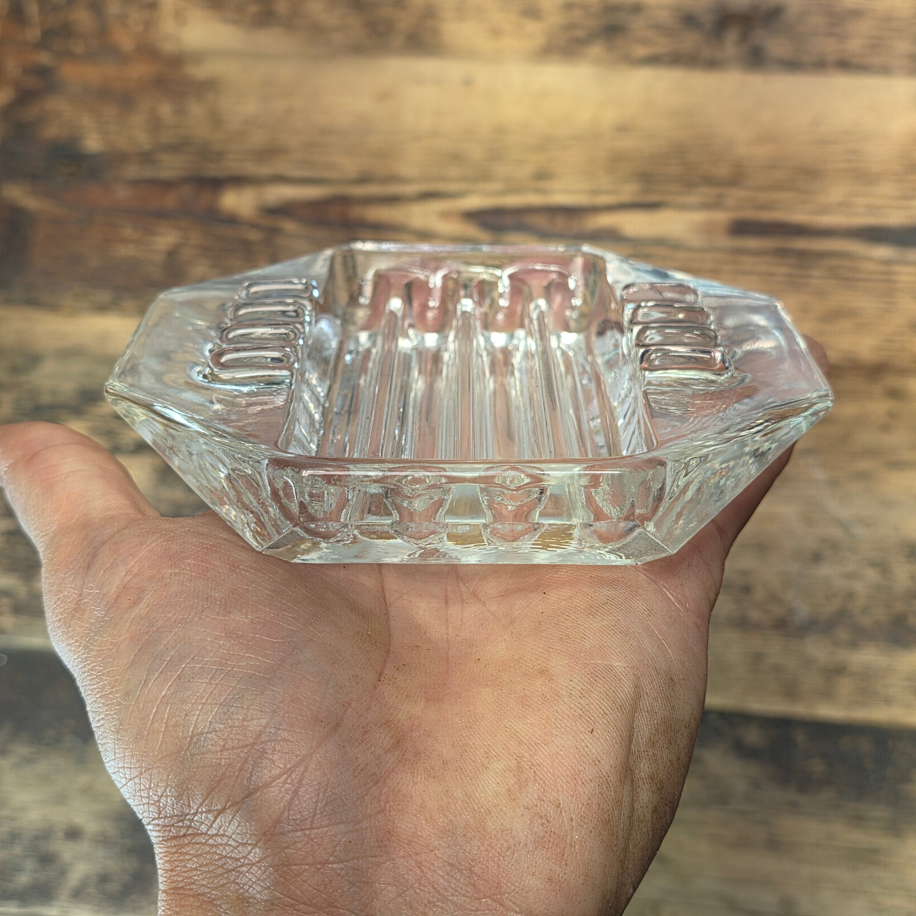 Vintage Safex Clear Glass Ashtray Octagon Mid Century Modern Art Deco 5" Heavy