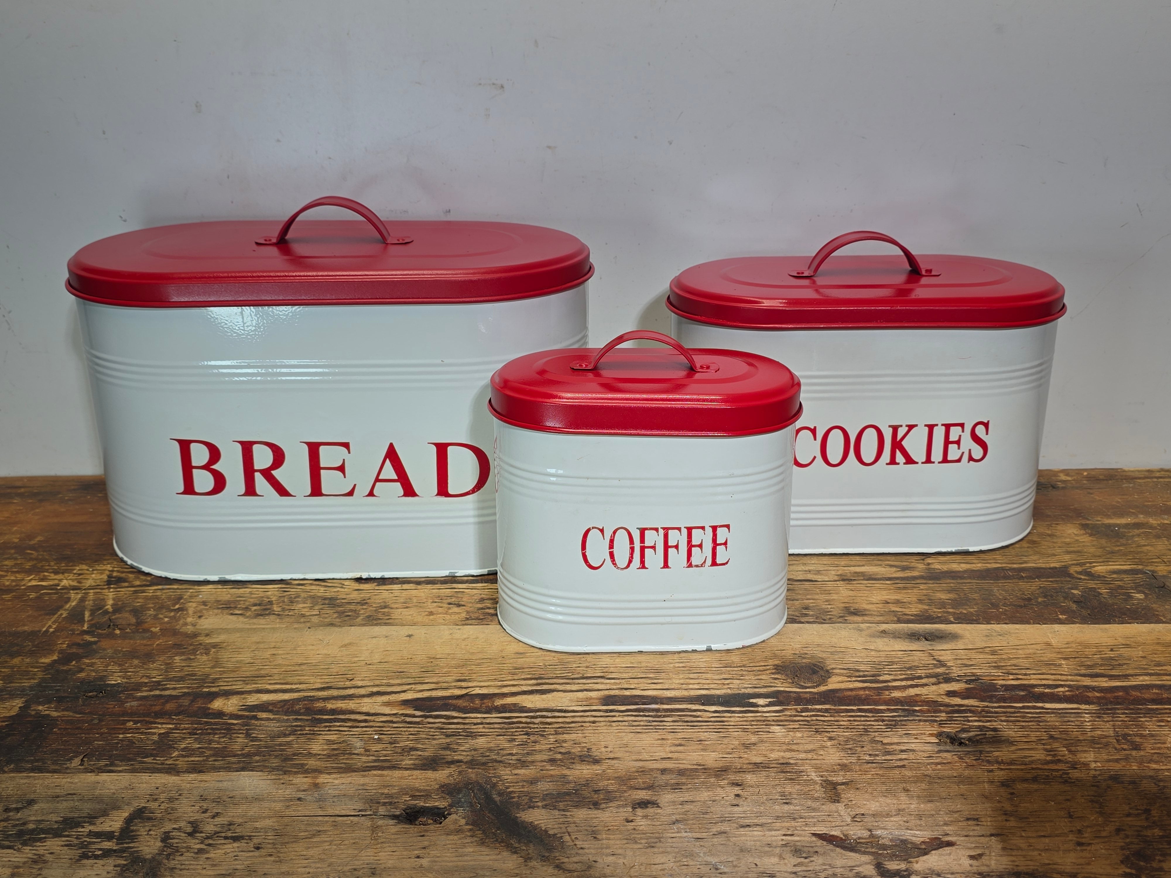Vintage Mid-Century Metal Kitchen Canister 3-Piece Set - Bread, Cookies & Coffee